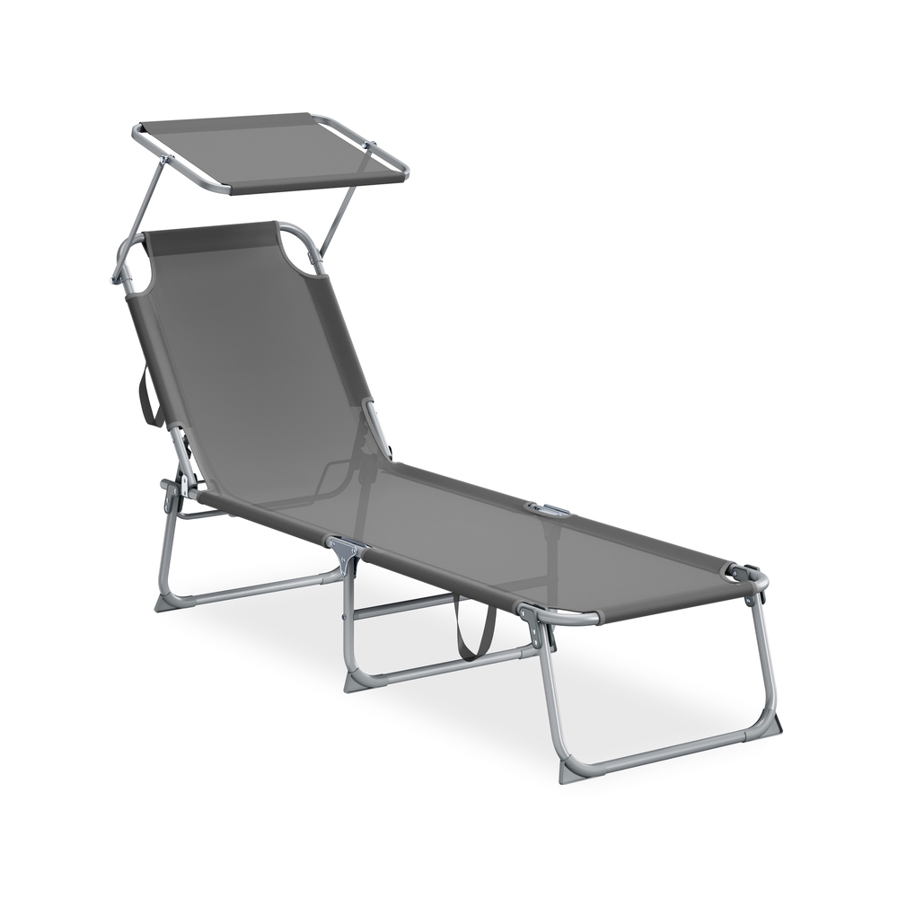 189 x 53 x 28,5 cm kokkupandav päevitustool reguleeritava seljatoe ja varjuga, hall