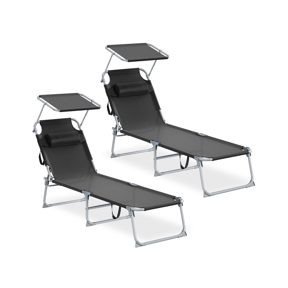 Kaheosaline kokkupandavate päevitustoolide komplekt reguleeritava seljatoega, must