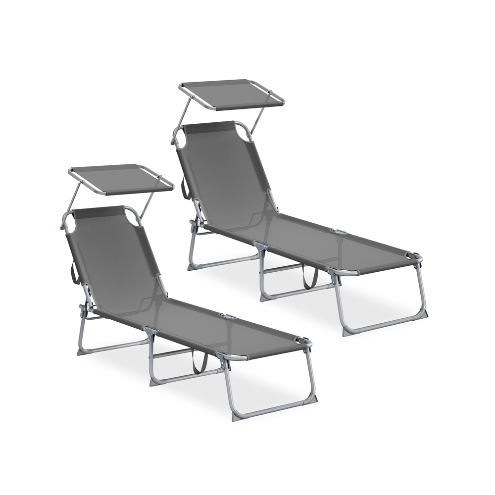 Kaheosaline kokkupandavate päevitustoolide komplekt reguleeritava seljatoe ja varjuga, hall