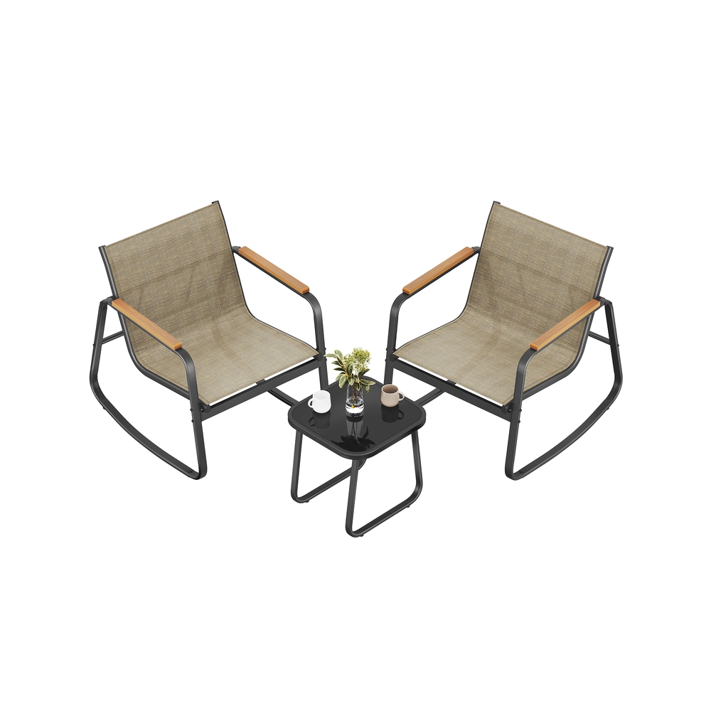 Aiamööbli komplekt: 2 kiiktooli laua ja pingiga, kollakaspruun