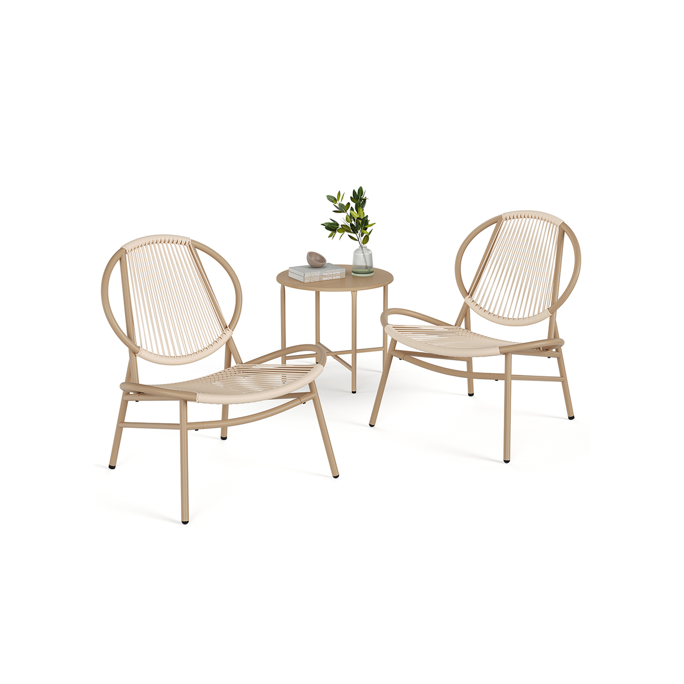 Rõdumööbli komplekt laua ja 2 tooliga, kaamelipruun