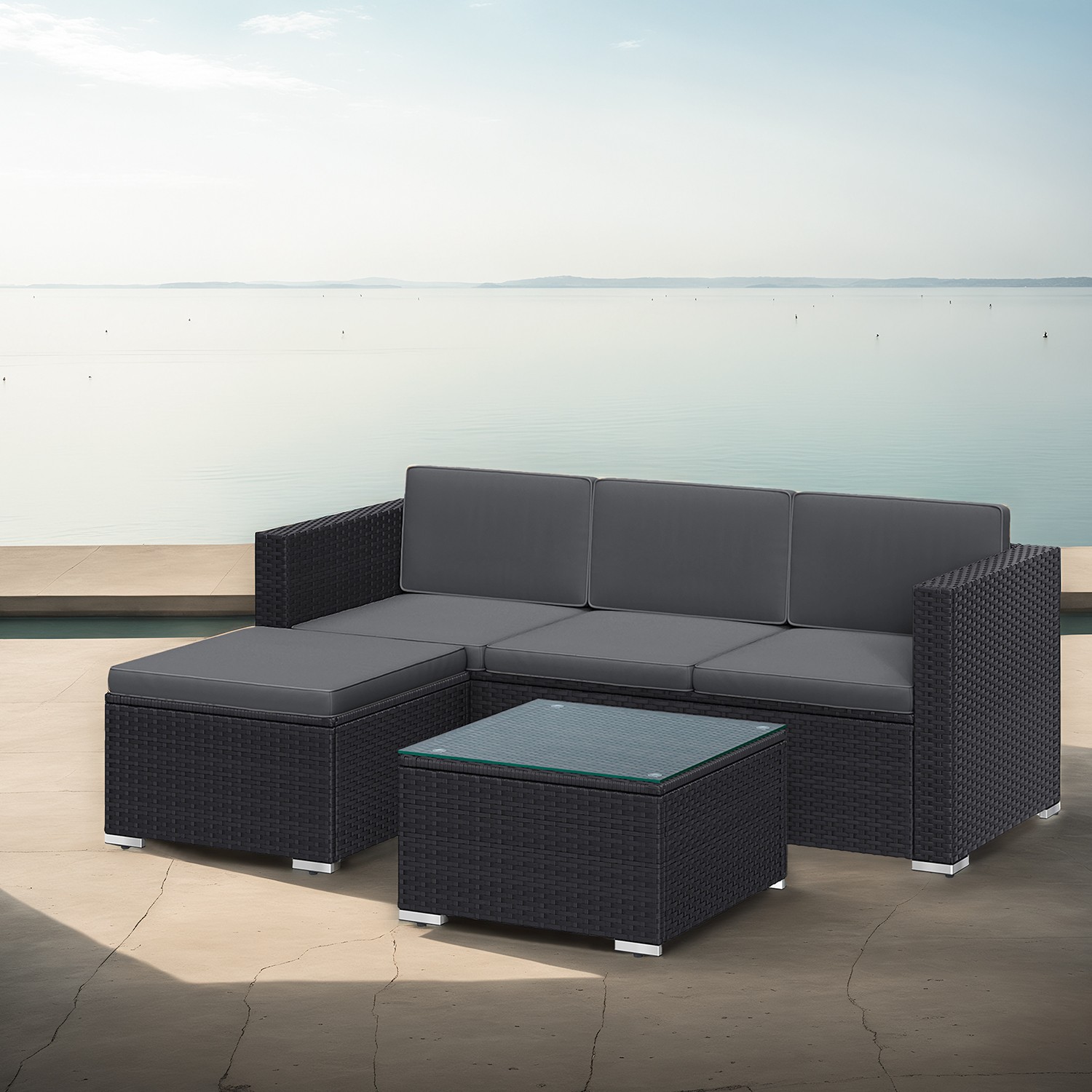 Aiamööbli komplekt, PE-polürotangist terrassimööbel, rõdumööbel patjade ja klaaslauaga