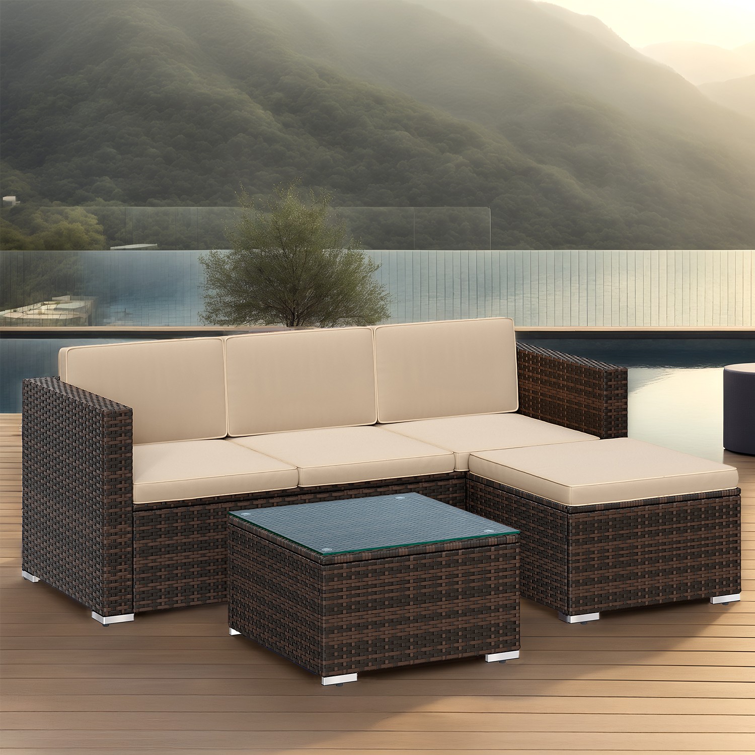 Aiamööbli komplekt, PE-polürotangist terrassimööbel, rõdumööbel patjade ja klaaslauaga