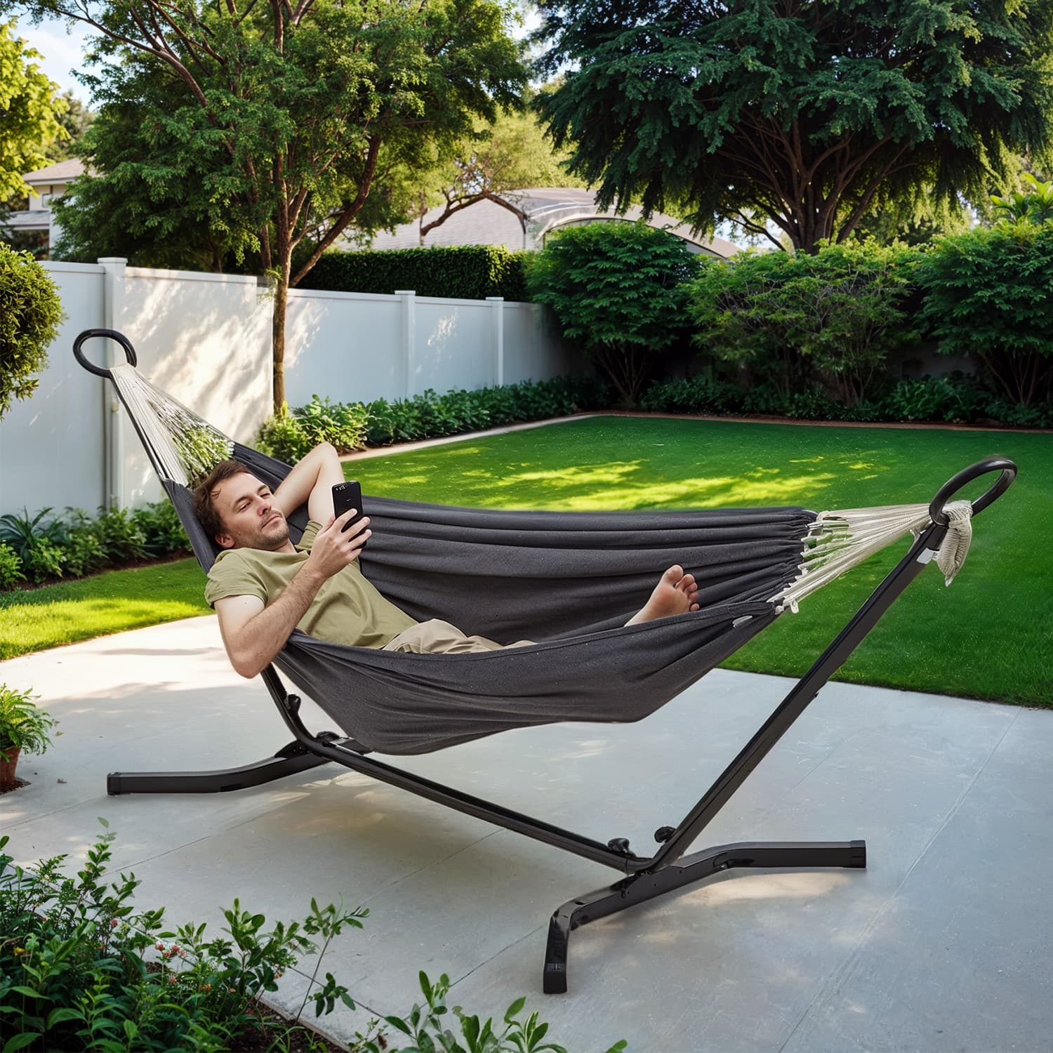 Raamiga võrkkiik, 210 x 150 cm, kahekohaline võrkkiik, reguleeritav viiele erinevale kõrgusele