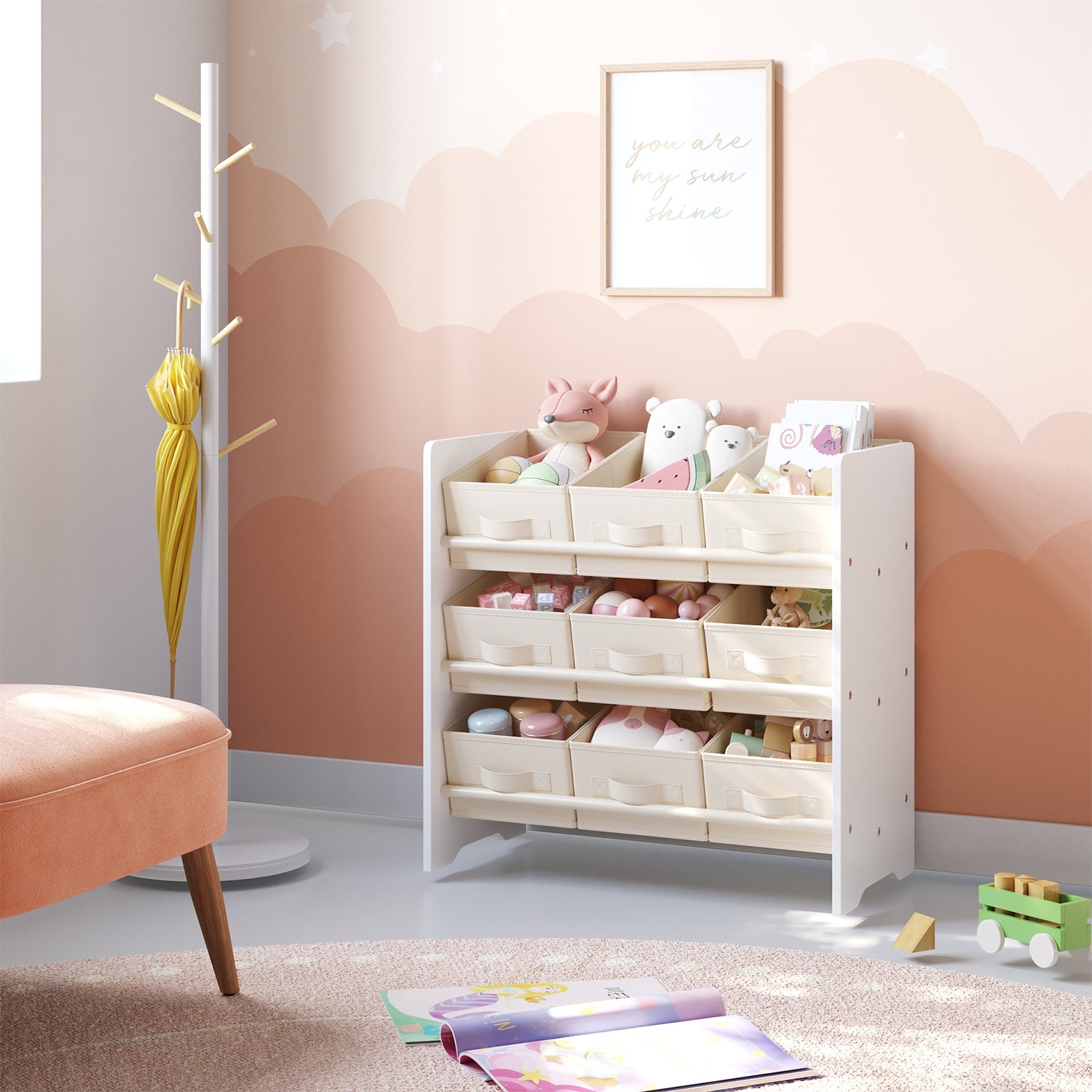 Riiul, raamaturiiul, 9 vildist hoiukastiga