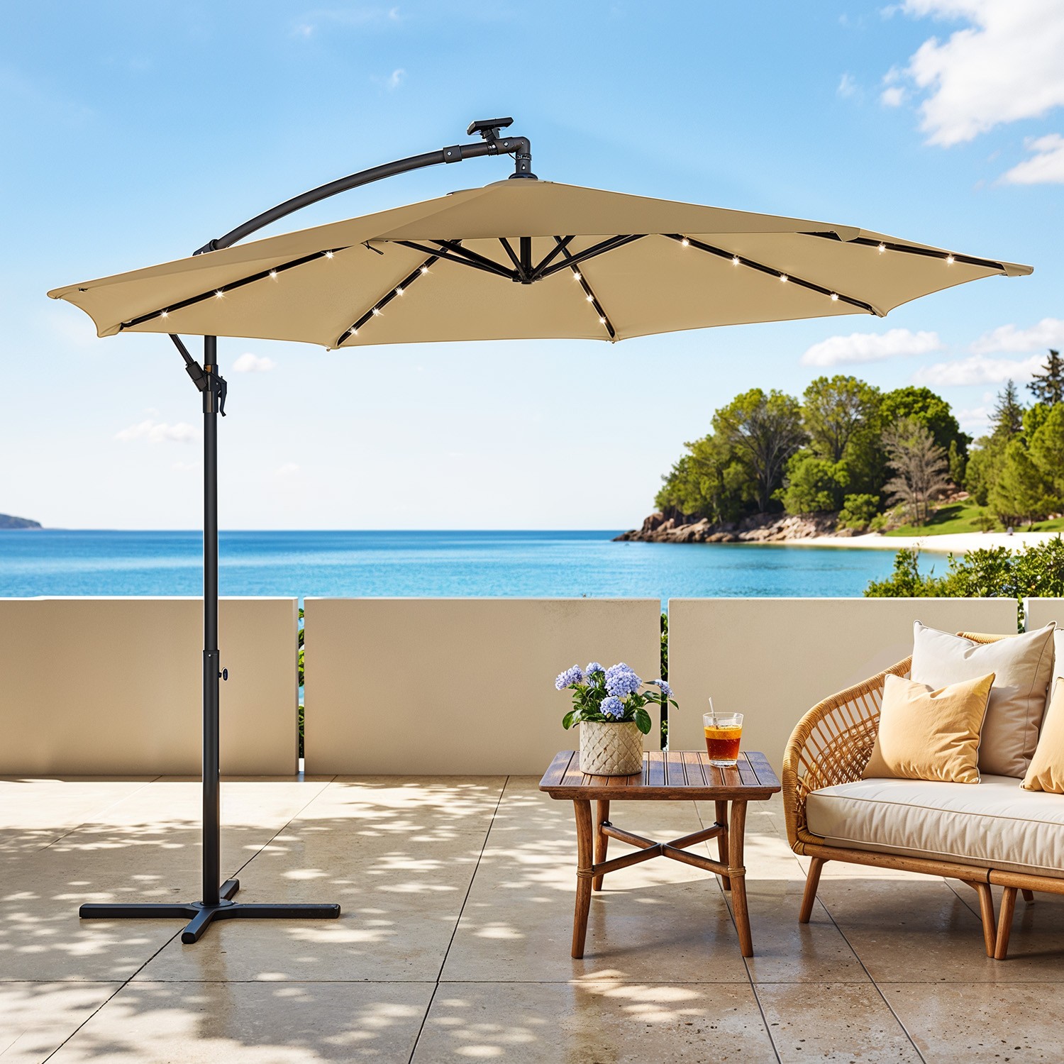 Päikesevari LED-päikesepaneeliga valgustusega, rippvari 300 cm d, 32 LED-lampi