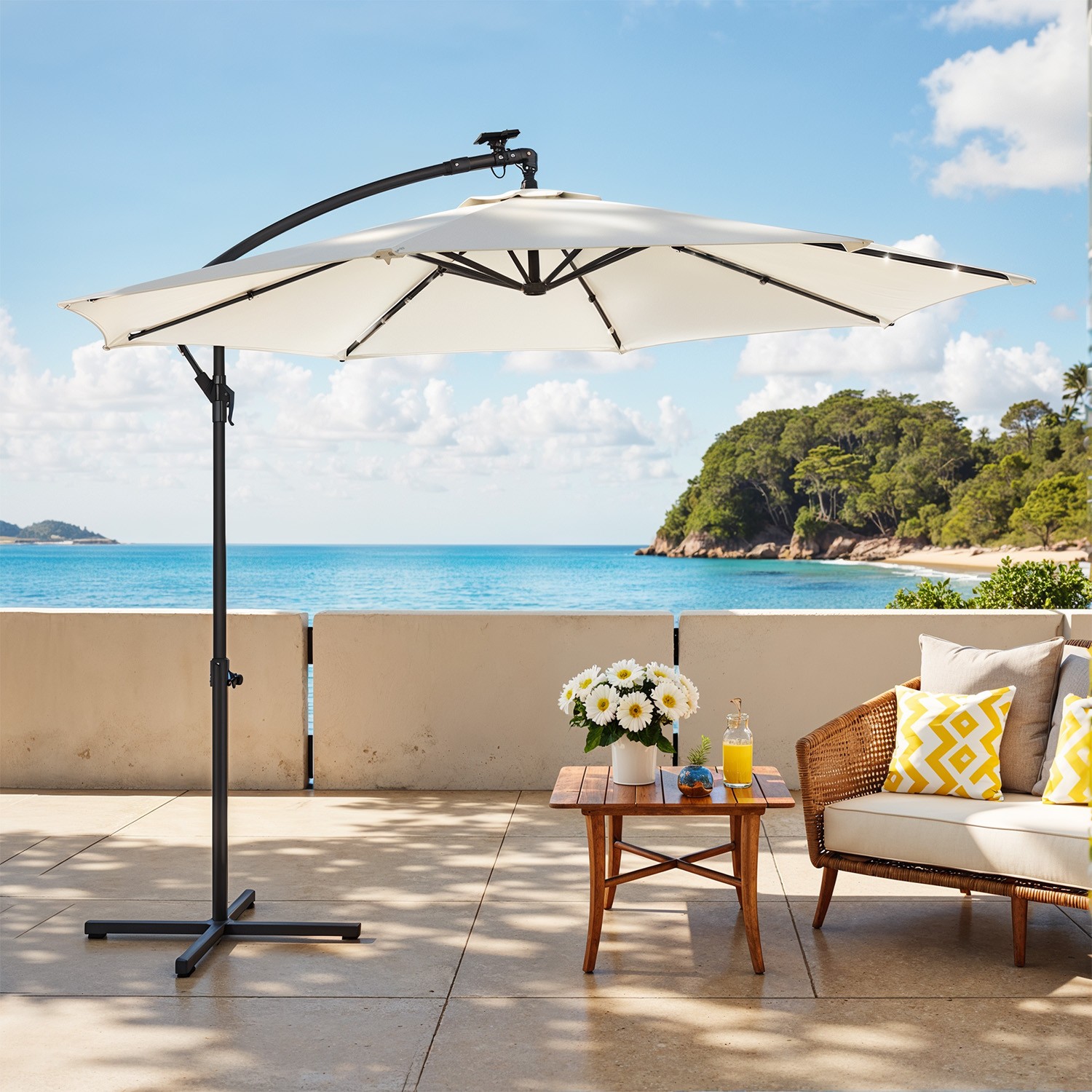 Päikesevari LED-päikesepaneeliga valgustusega, rippvari 300 cm d, 32 LED-lampi