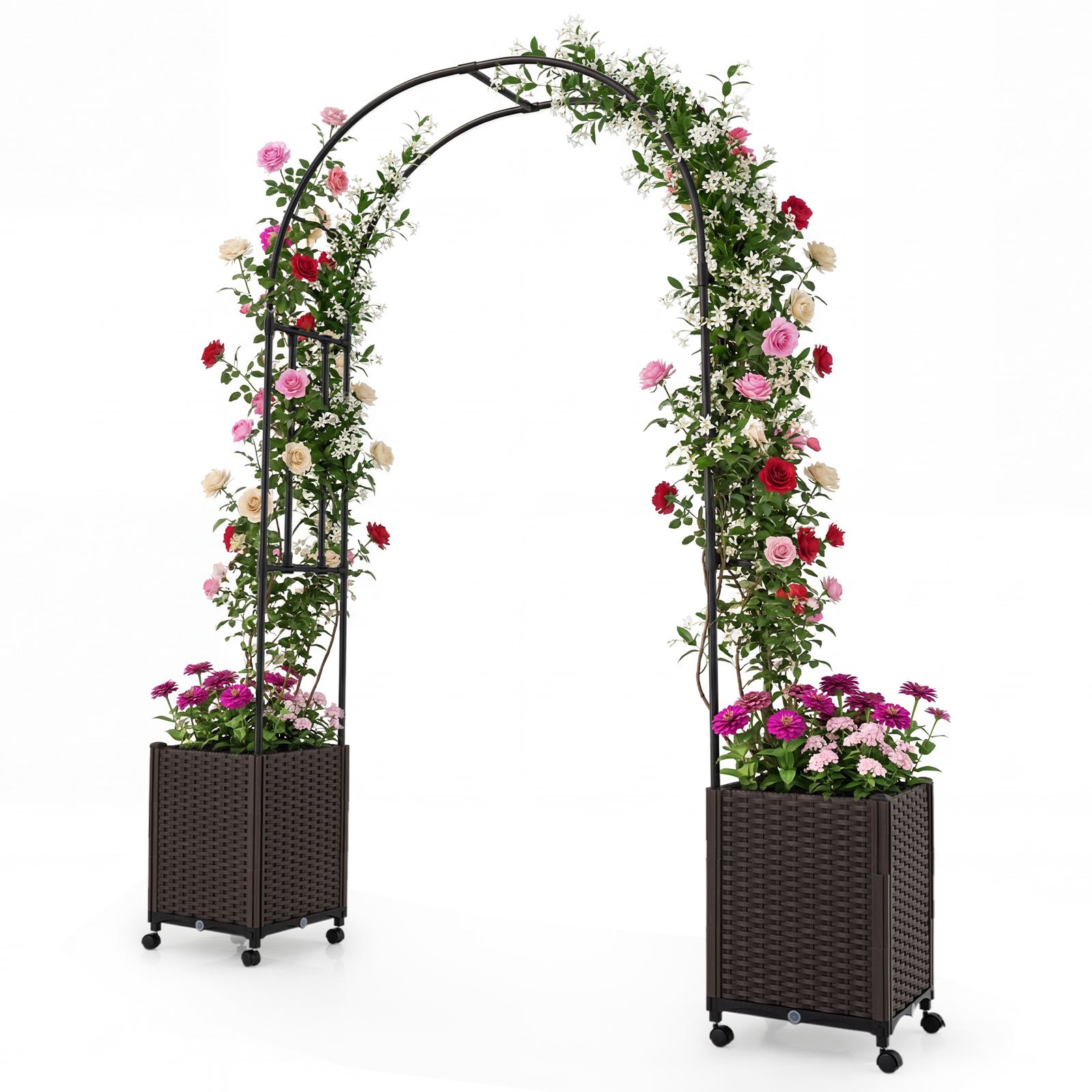 Kahe isekastva lillekasti ja ronimistugedega metallist aiakaar ning dekoratiivne pergola hoovi ja terrassile (230 cm)