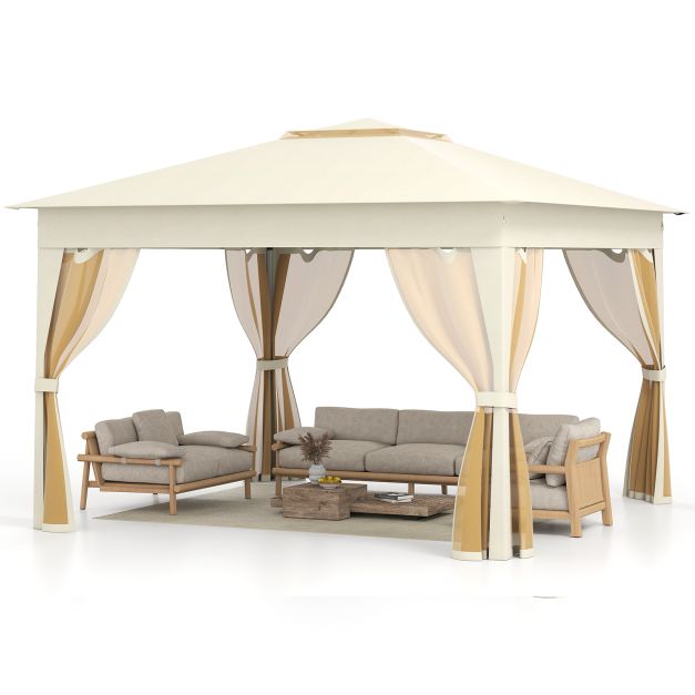 Sääsevõrgu ja kahekordse katusega suur kokkupandav pop-up aiatelk ning gazebo (338x338 cm) beež