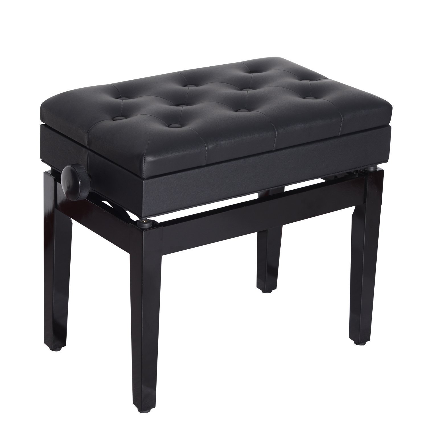 Kõrguses reguleeritava kõrgusega klaveripink panipaigaga, puidust jalad, kunstnahast klaveritool, muusikatubadesse, kandevõime kuni 200 kg, 54,5 x 33 x 48-58 cm, must