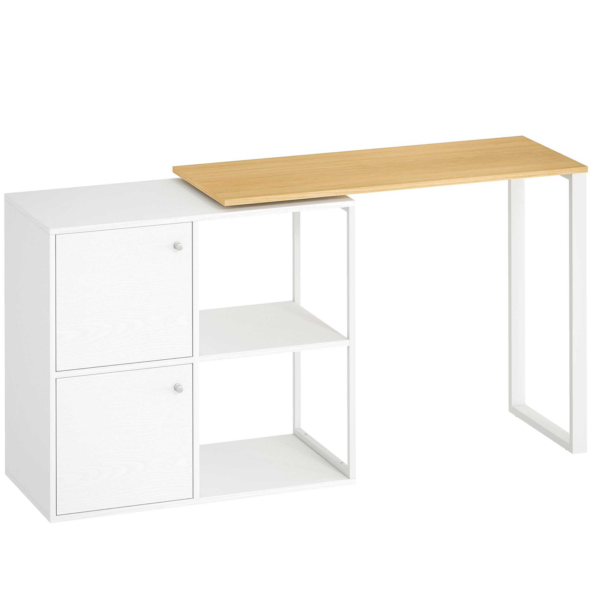 L-kujuline laud, 360° pöörlev nurgalaud 2 hoiukapiga, 2 avatud riiulit, arvutilaud väikestesse ruumidesse, kabinet, elutuba, 150x40x75 cm, valge