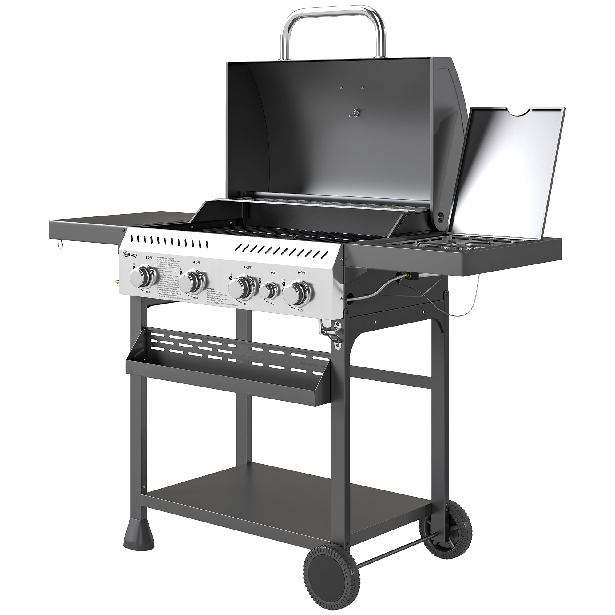 Gaasigrill, BBQ-grill, 4 peamist põletit, 1 külgpõleti, 1 soojendusplaat; 135 x 55 x 103 cm, must