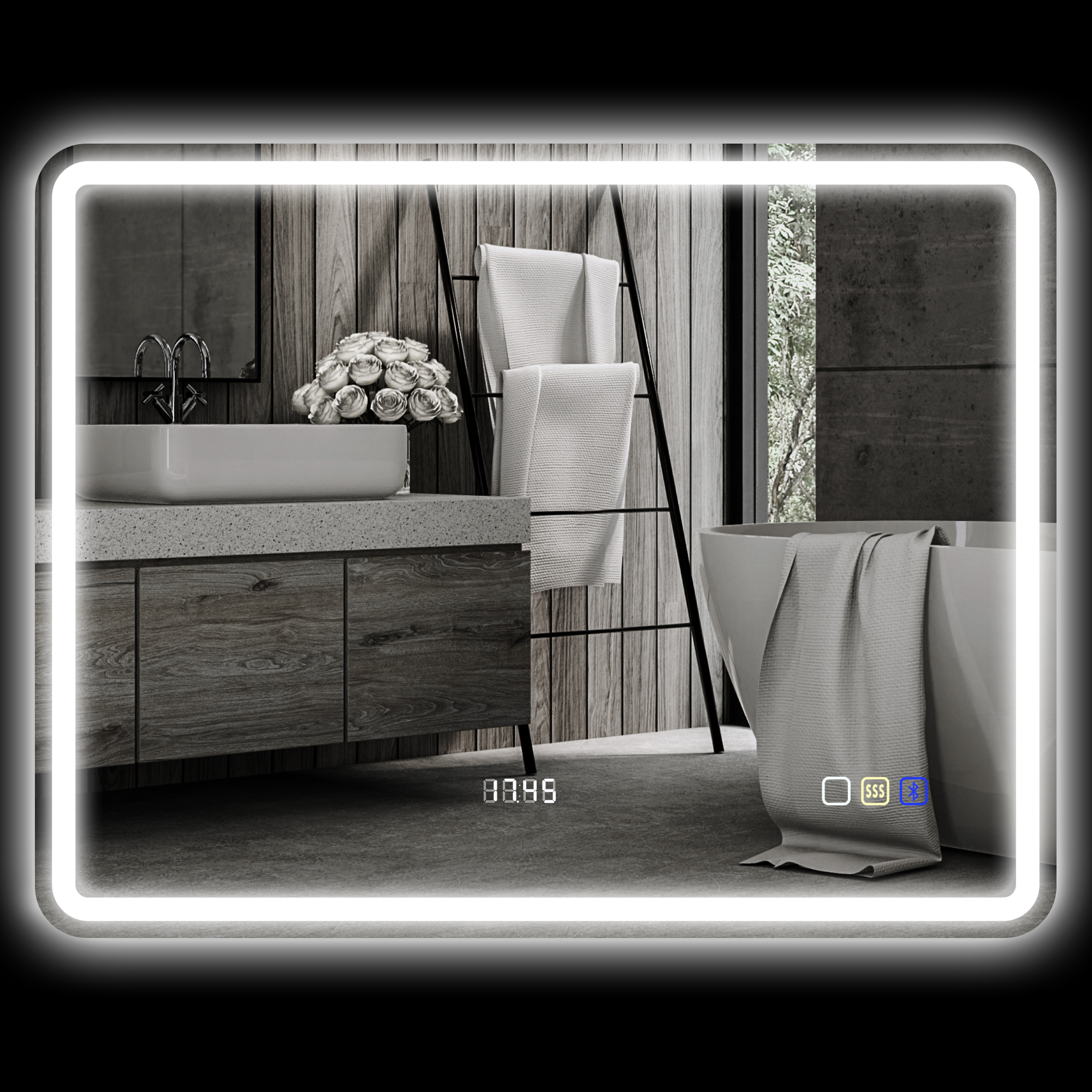 Vannitoa peegel LED-valgustusega, uduvastane kate, 3 reguleeritava värviga, kell, 700 x 900 mm, hõbedane