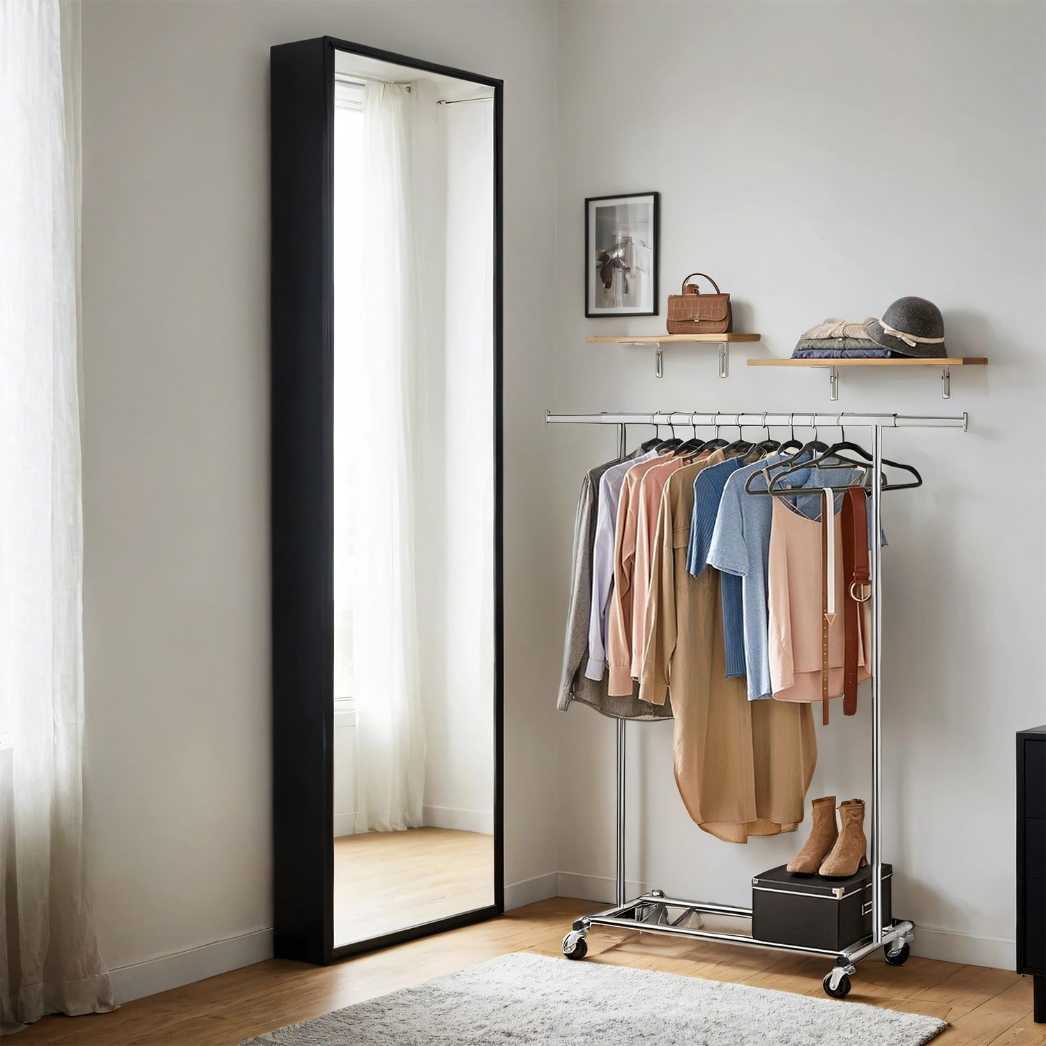 Riiul ratastel, raskeveokite riidenagi, väljatõmmatav riidepuu