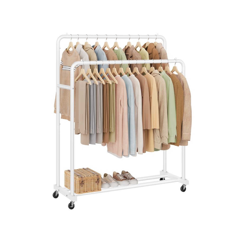 Riidepuuraua ratastega paindlikuks hoiustamiseks, mattvalge