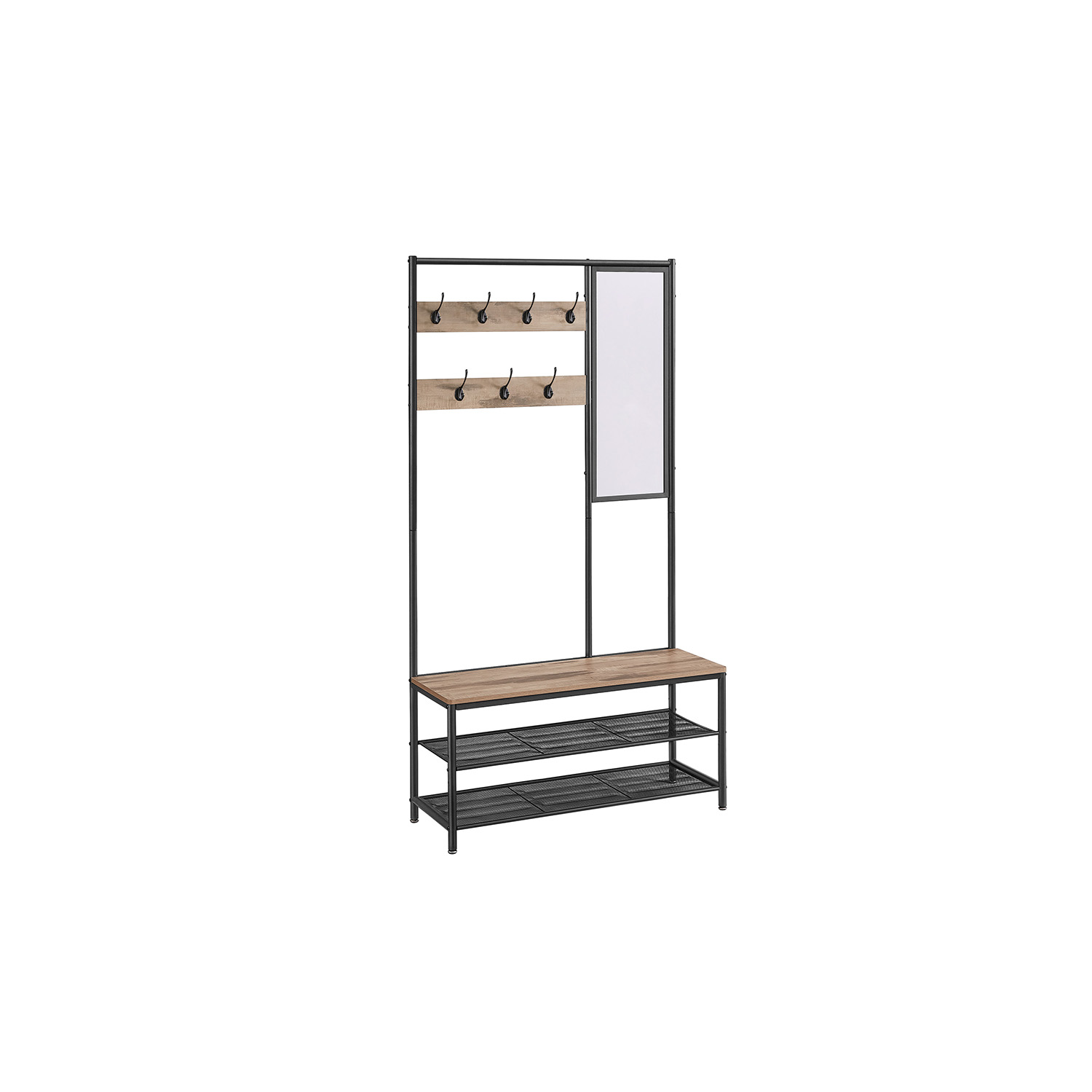 Esikunagi koos peegli ja istmega, garderoobistange konksudega, 35 x 98 x 180 cm, tööstuslik disain