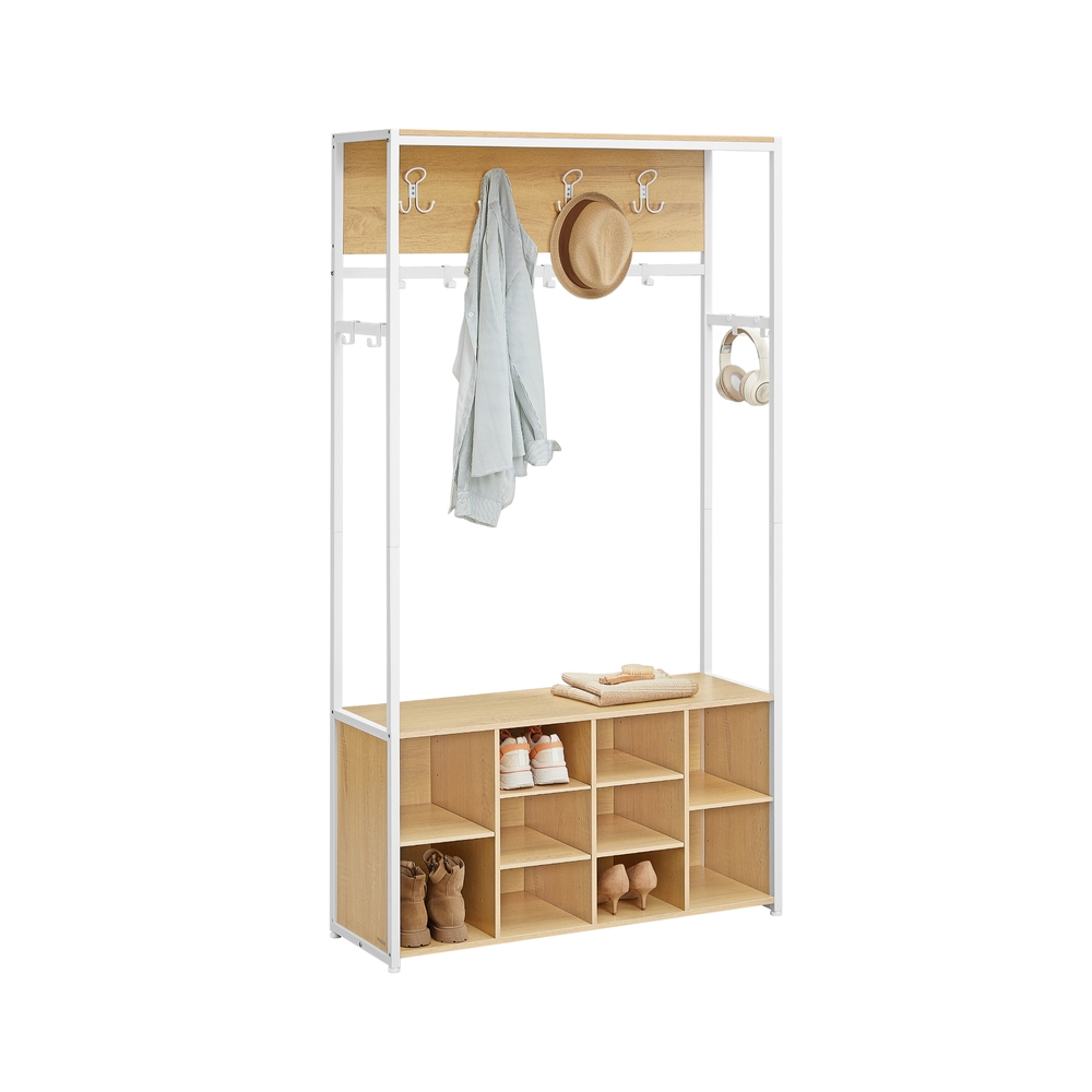 Moodne riidepuuriiul kingariiuli ja avatud sektsioonidega, tammvalge