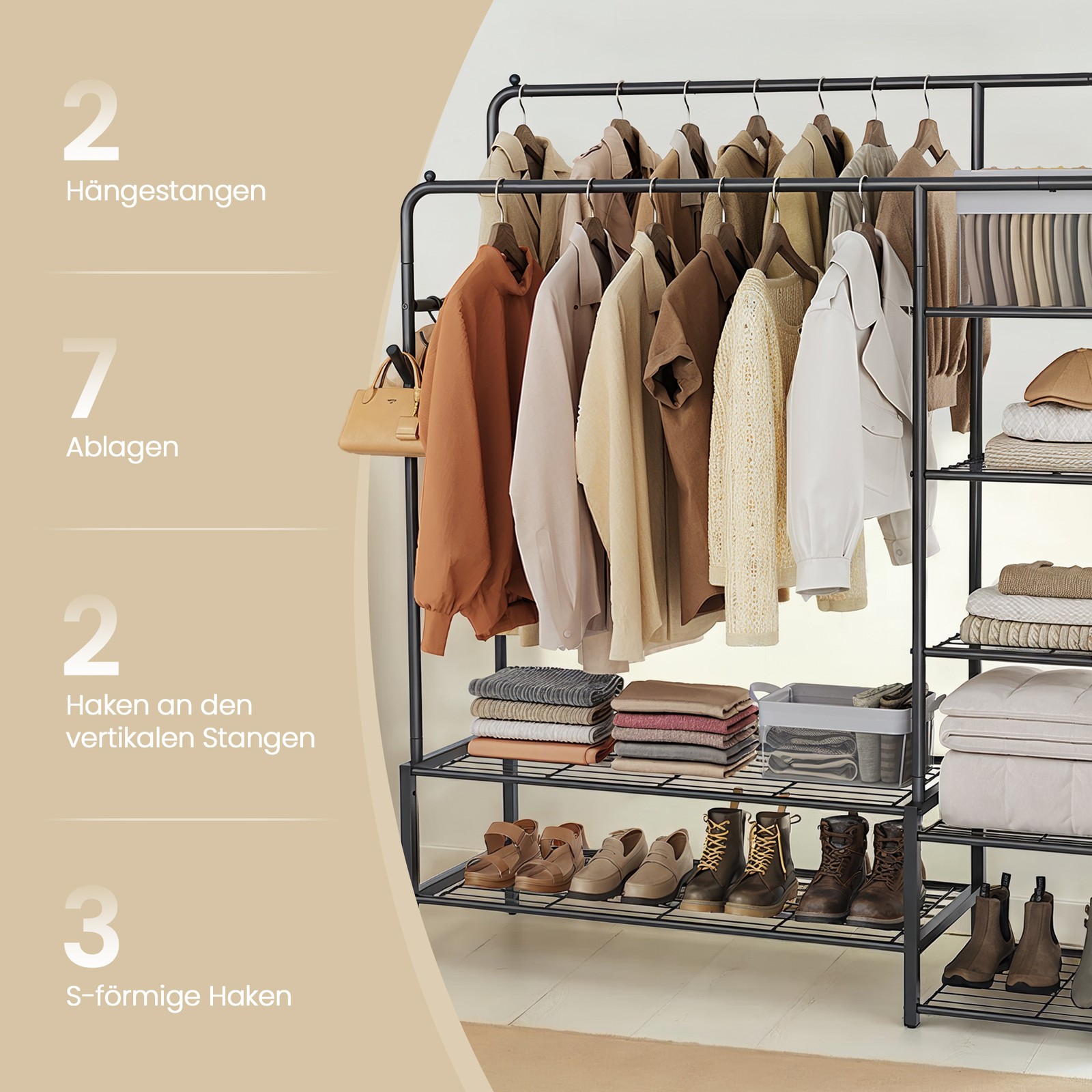 Riidepuu, avatud riidekapp, 7 riiuliga riidepuu