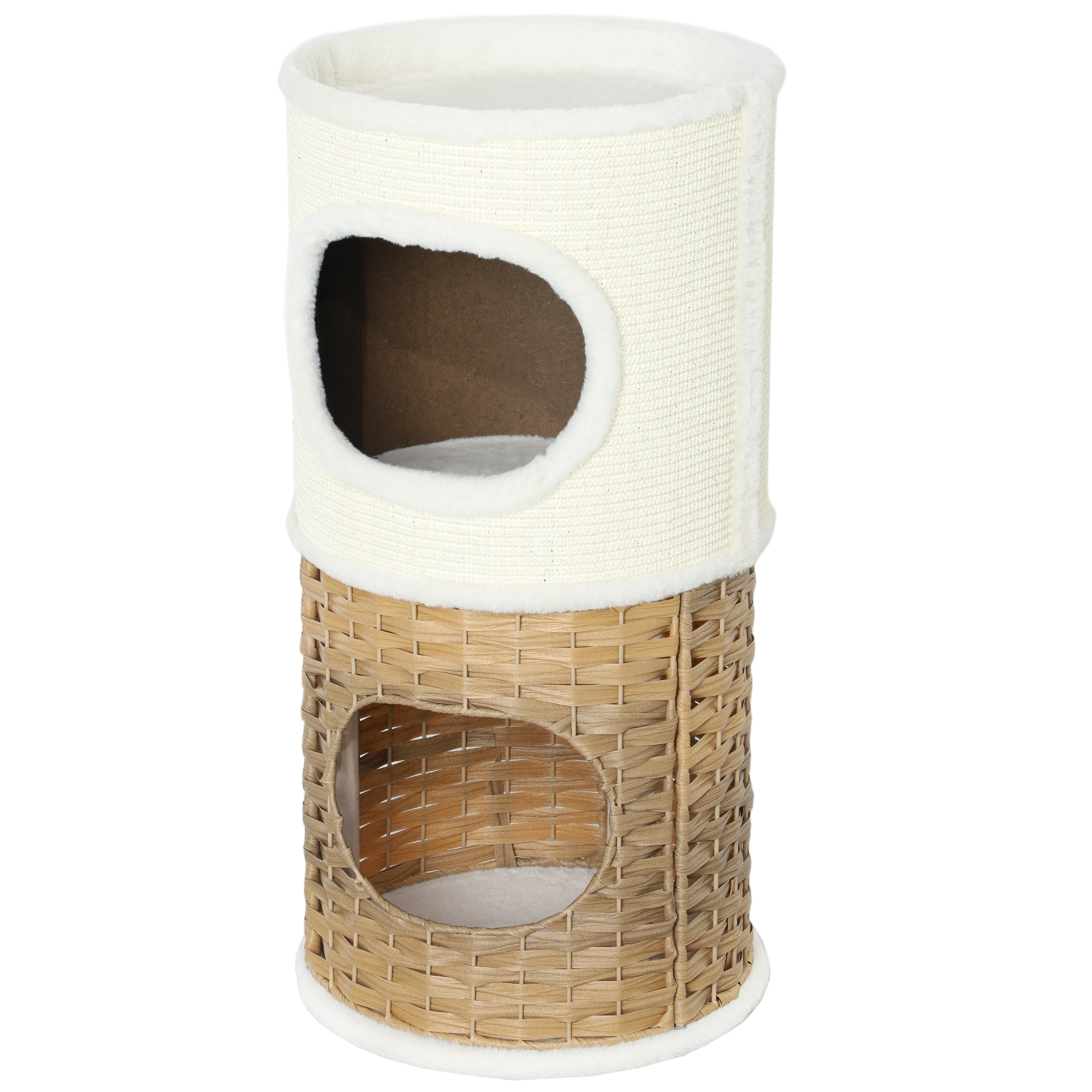 Kraapimistünn 80 cm kõrge Ø 40 cm kolmekorruseline kassitünn plüüsservaga, kassikoobas, kraapimispuu keskmise suurusega kassidele, kreemvalge+pruun