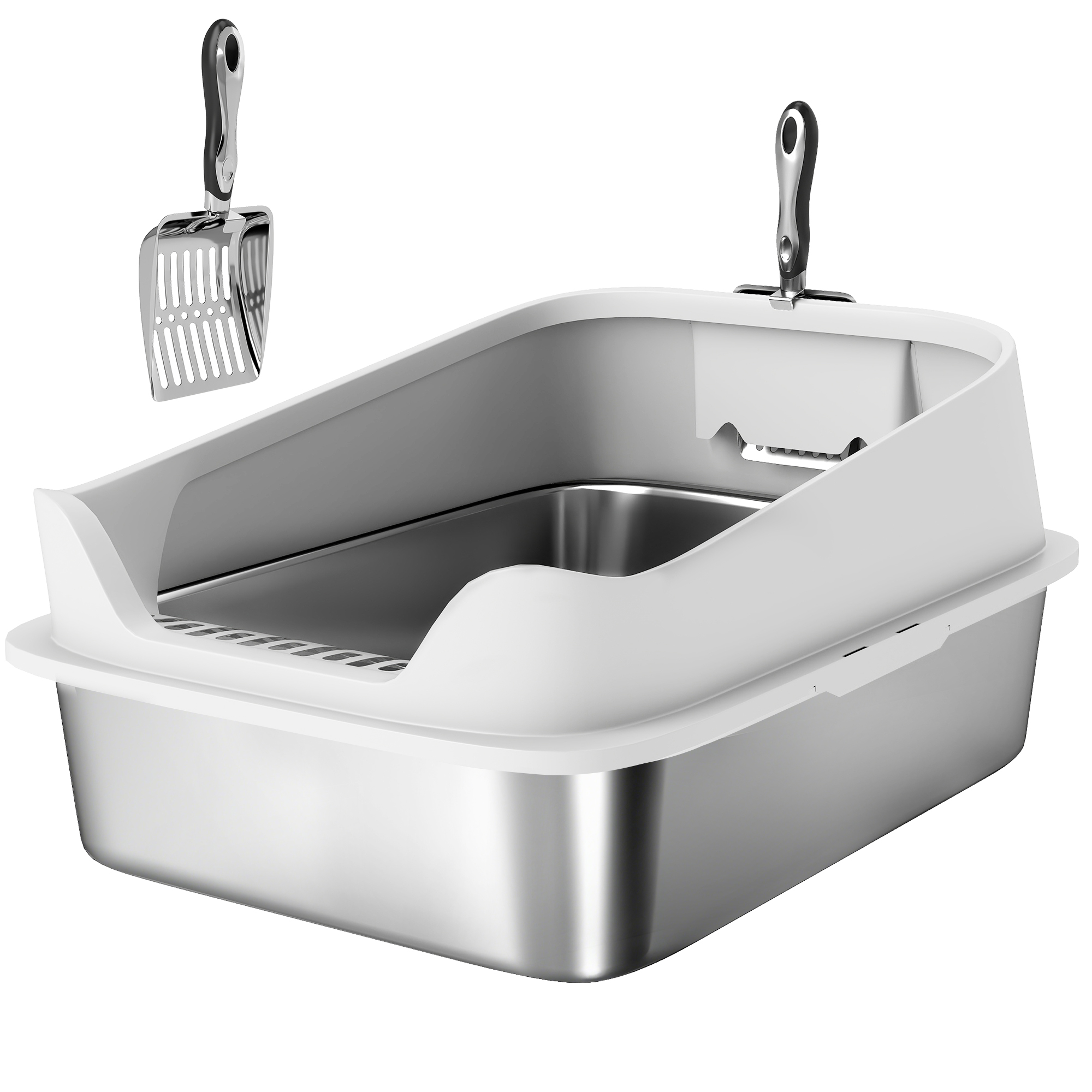 Roostevabast terasest avatud kassiliivakast kühvliga, kõrgete külgedega, suurtele kassidele kuni 7 kg, 60,2 x 40,2 x 29,7 cm, hall