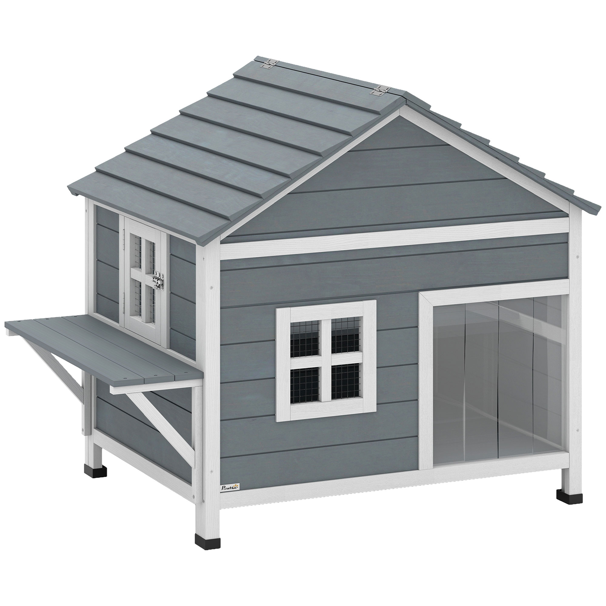 Puidust kassimaja, kahekorruseline kassimaja veekindla hingedega katusega, külgplatvormiga, 101x72,5x81cm, hall