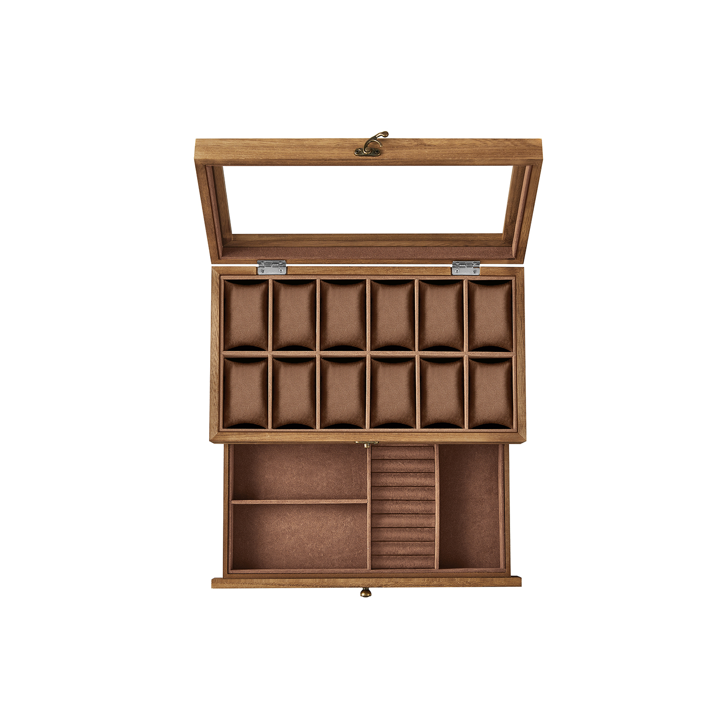 Massiivpuidust pähklipruun kellakarp 12 lahtriga