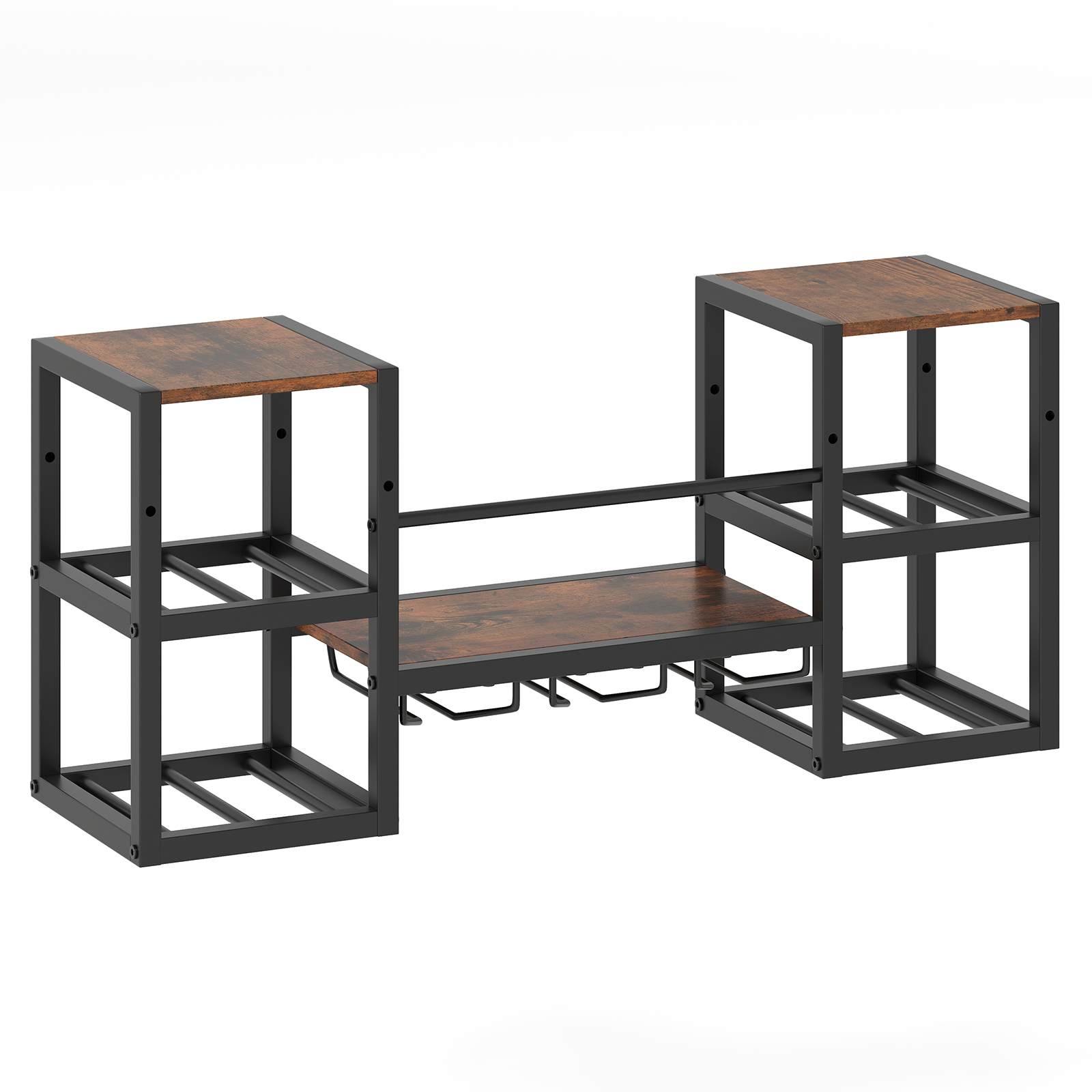 Seinale kinnitatav veiniriiul klaasihoidjaga, vastupidav metallraam, 8 pudelihoidja ja avatud riiul, rustikaalne pruun