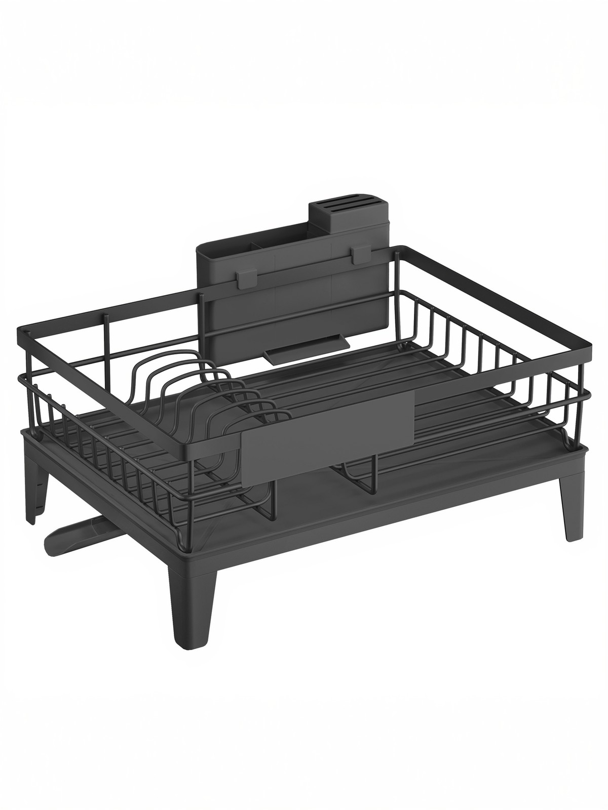 Nõudepesuriiul tilgakandikuga, pöörleva äravooluavaga, söögiriistade hoidikuga