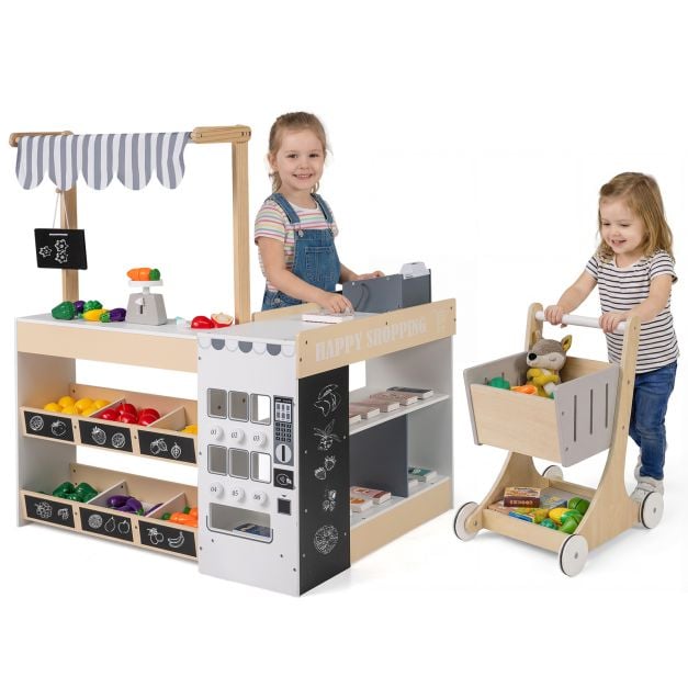 Lastele mõeldud puidust toidupoe mängukomplekt ostukäruga - naturaalne