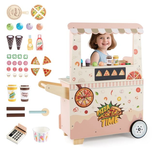 Laste puidust pizza müügikäru ahjuga roosa