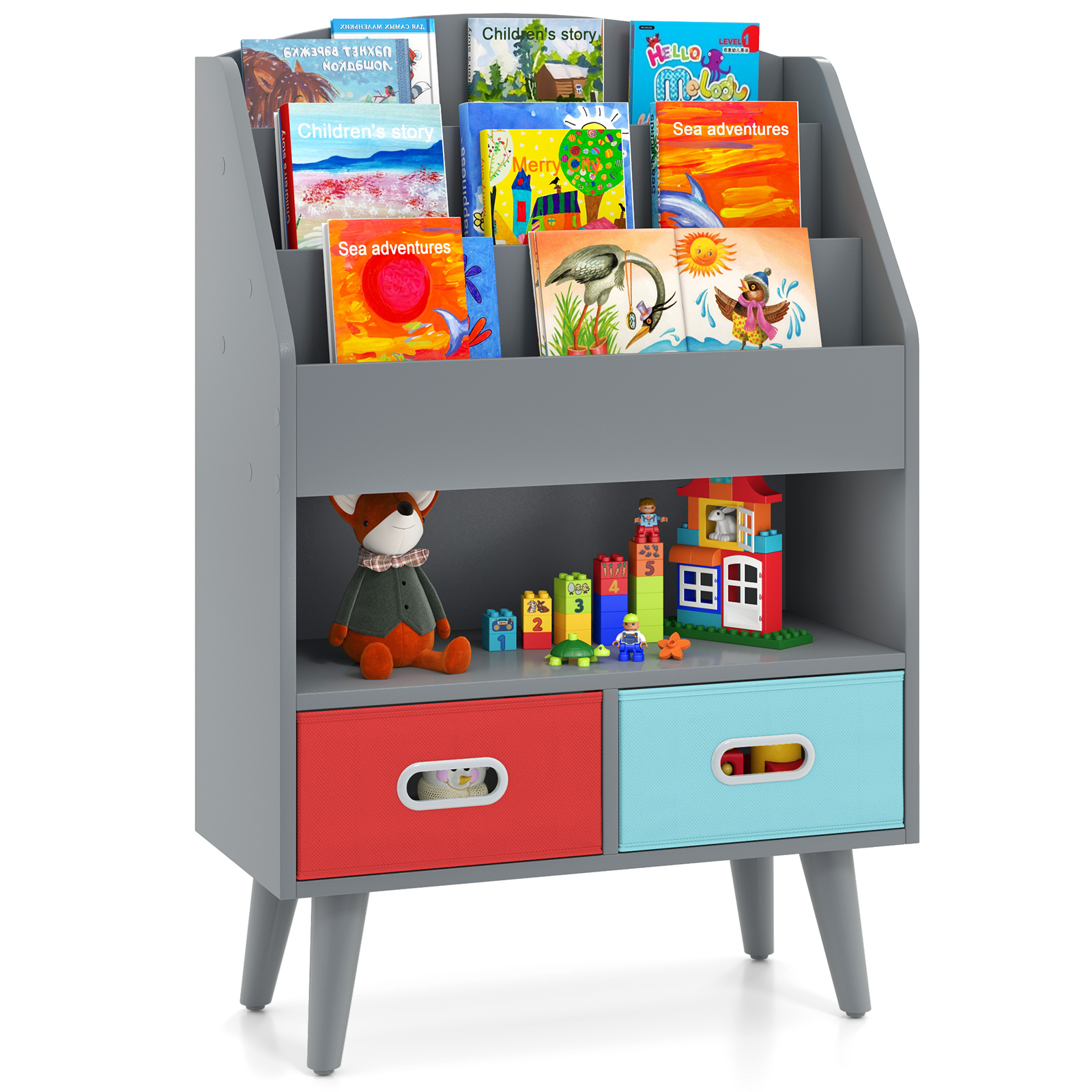 Lasteraamatukapp laste riiul 3 riiuli ja avatud sektsiooni ning 2 halli kangast sahtliga