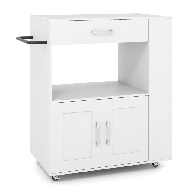 Köögisaar, mobiilne köögikäru, lukustatavate ratastega, avatud kuubiku riiulid, sahtliga käterätikuivati, valge