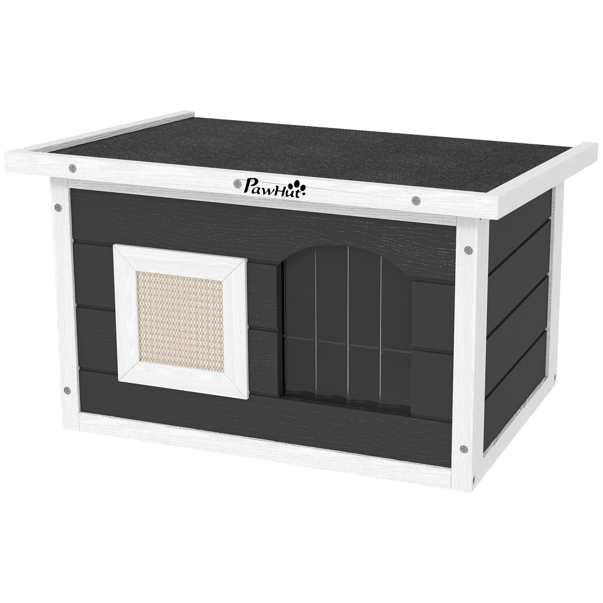 Kassimaja, pelgupaik kassidele ja küülikutele, puidust maja kraapimismatiga, ukseklapiga, 61 x 45 x 36,5 cm, hall