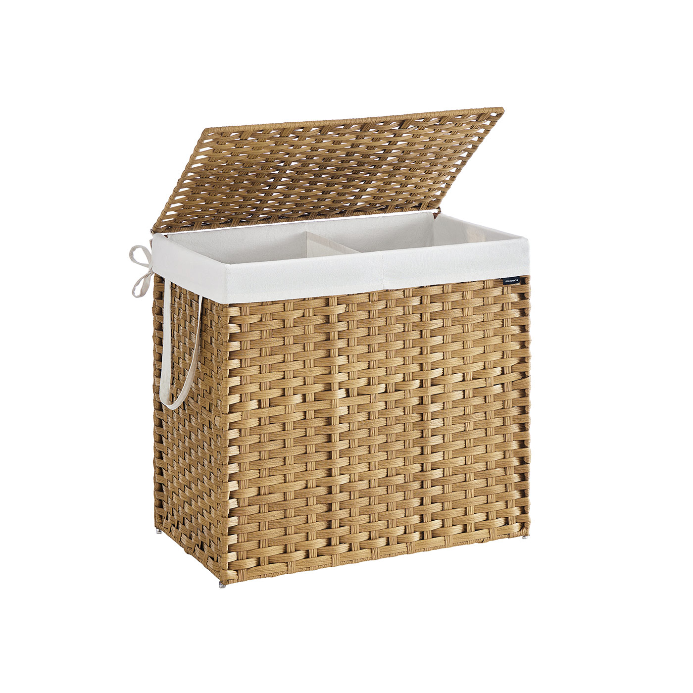 Käsitsi punutud pesukorv, 90 L, sünteetilisest rotangist pesukoguja, kaane ja sangadega, kokkupandav, eemaldatav pesukott, naturaalset värvi