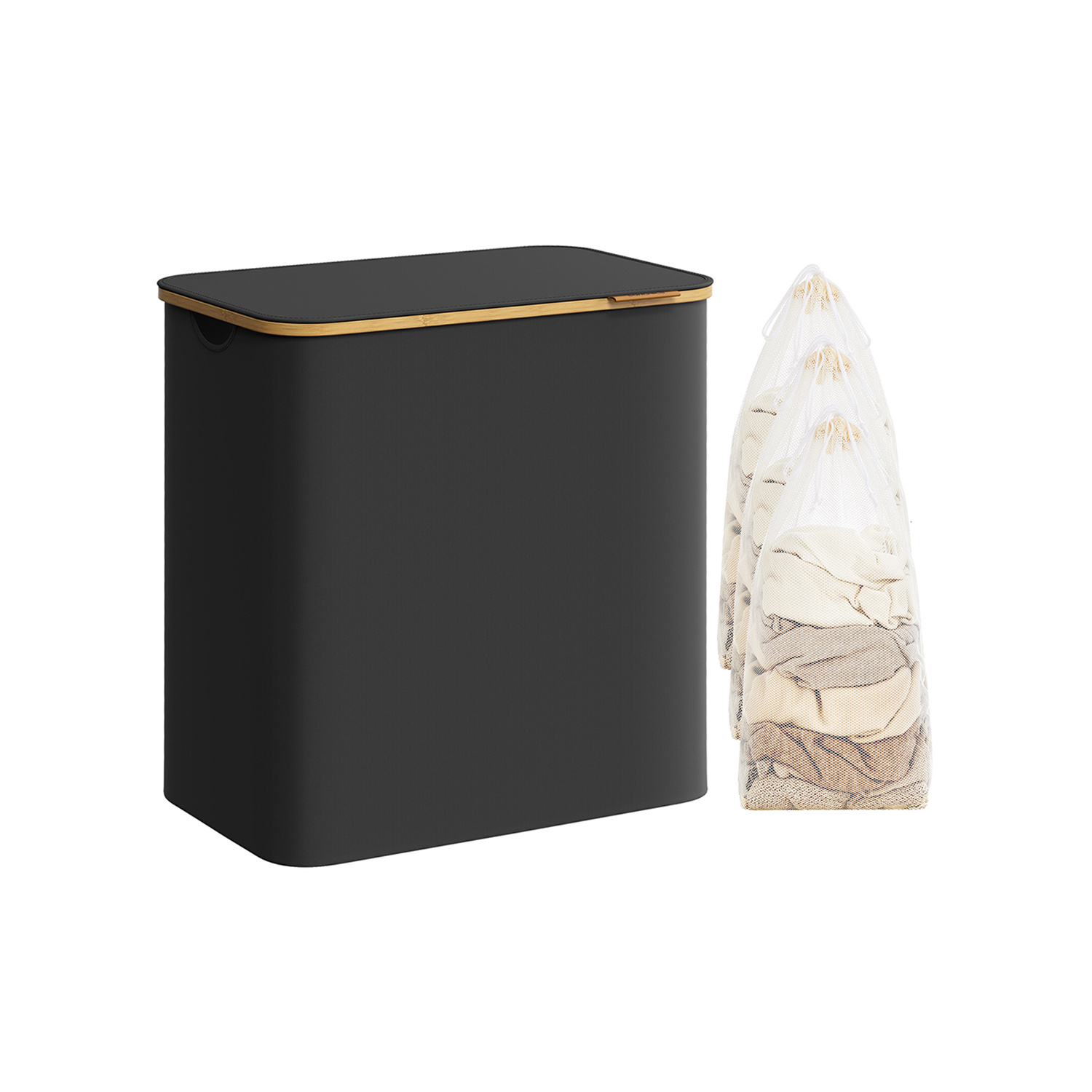 Pesukorv 3 sahtlit tindimustast bambusest käepidemetega