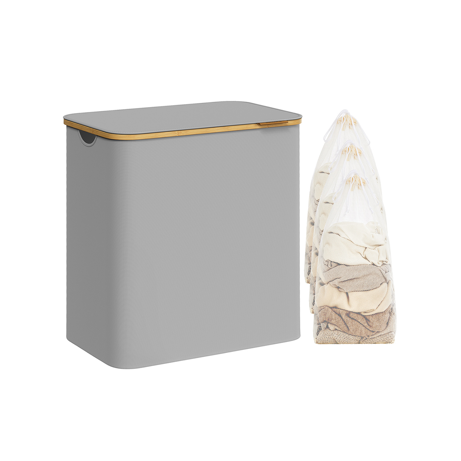 Pesukorv 3 sektsiooni, mille käepidemed on valmistatud tuvihallist bambusest