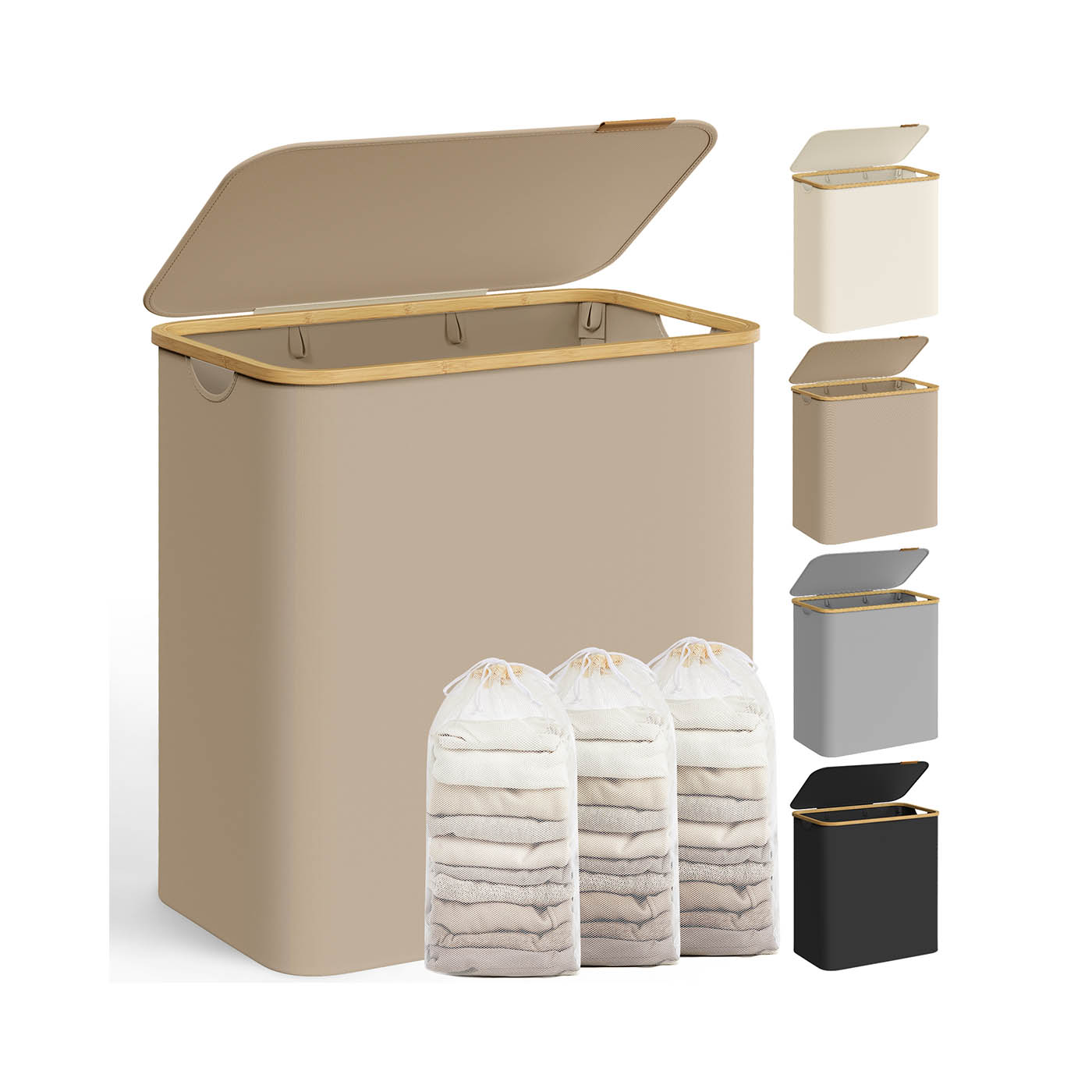 Pesukorv 150 L kaanega ja 3 sektsiooniga 60 x 38,5 x 70,5 cm kaamelipruun