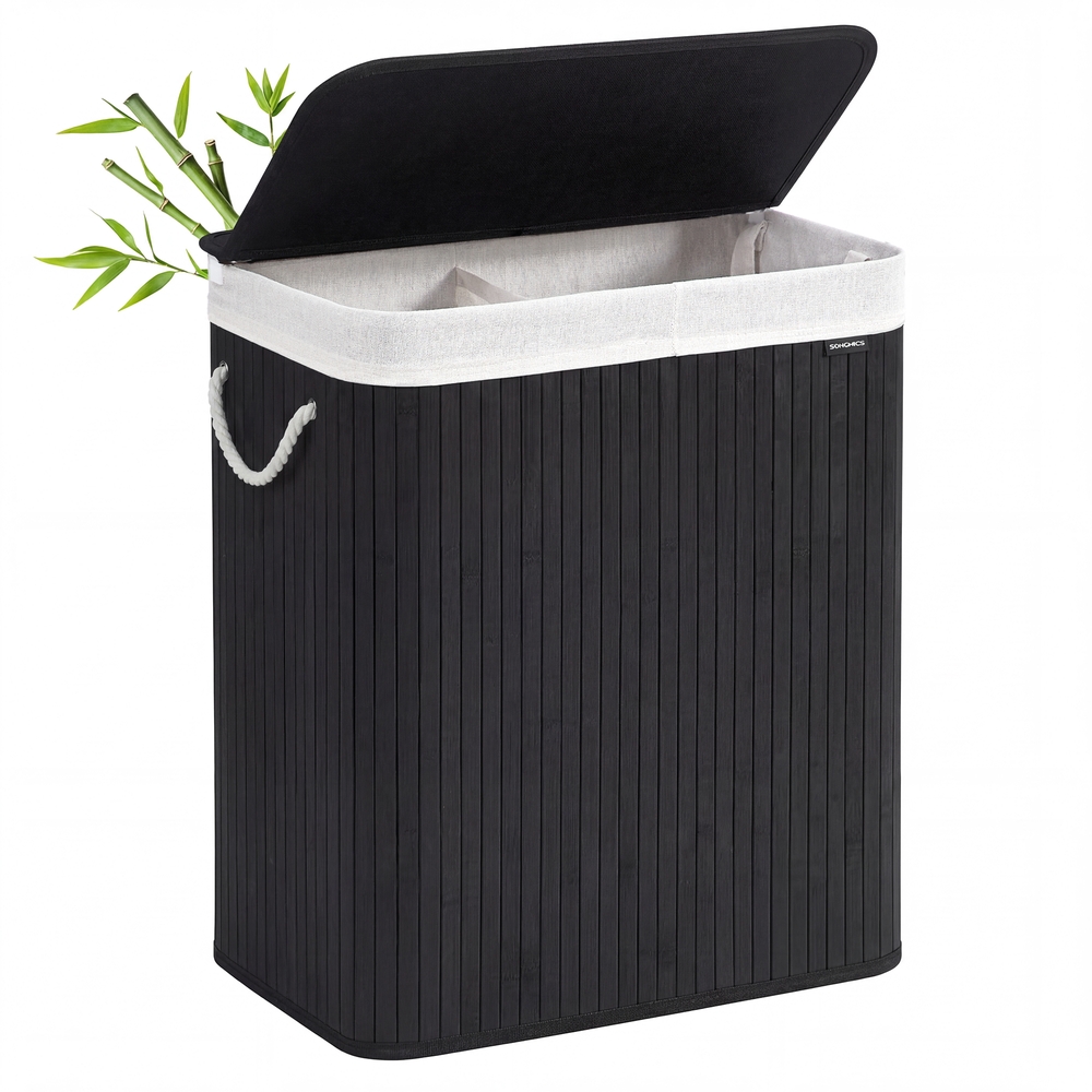 Bambusest pesukorv, 100 l, 2 sektsiooniga pesusorteerija, kokkupandav ja eemaldatava sisekotiga, 52 x 63 x 32 cm