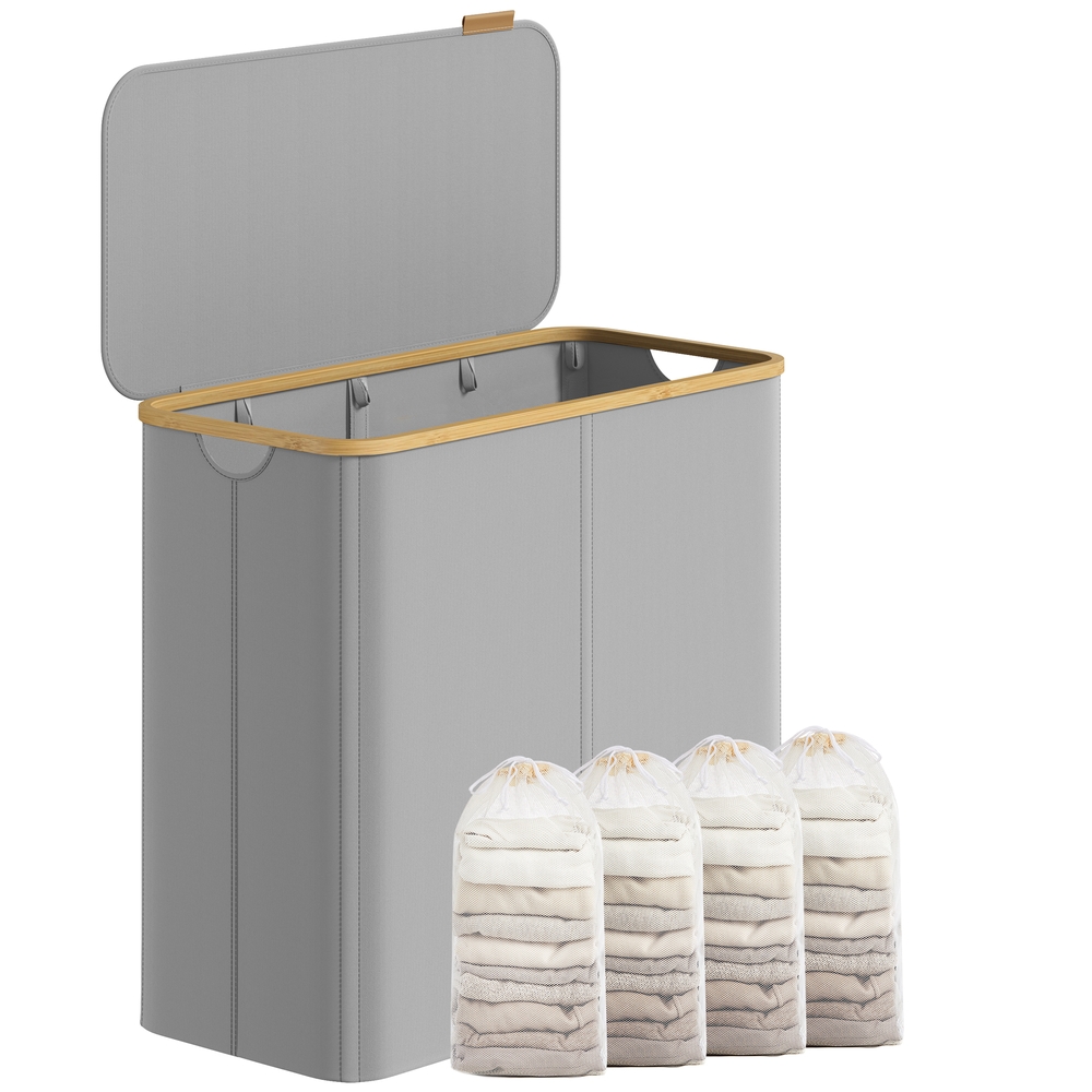 Pesukorv 4 sektsiooniga, kokkupandav pesukorv kaanega, bambusest käepidemed