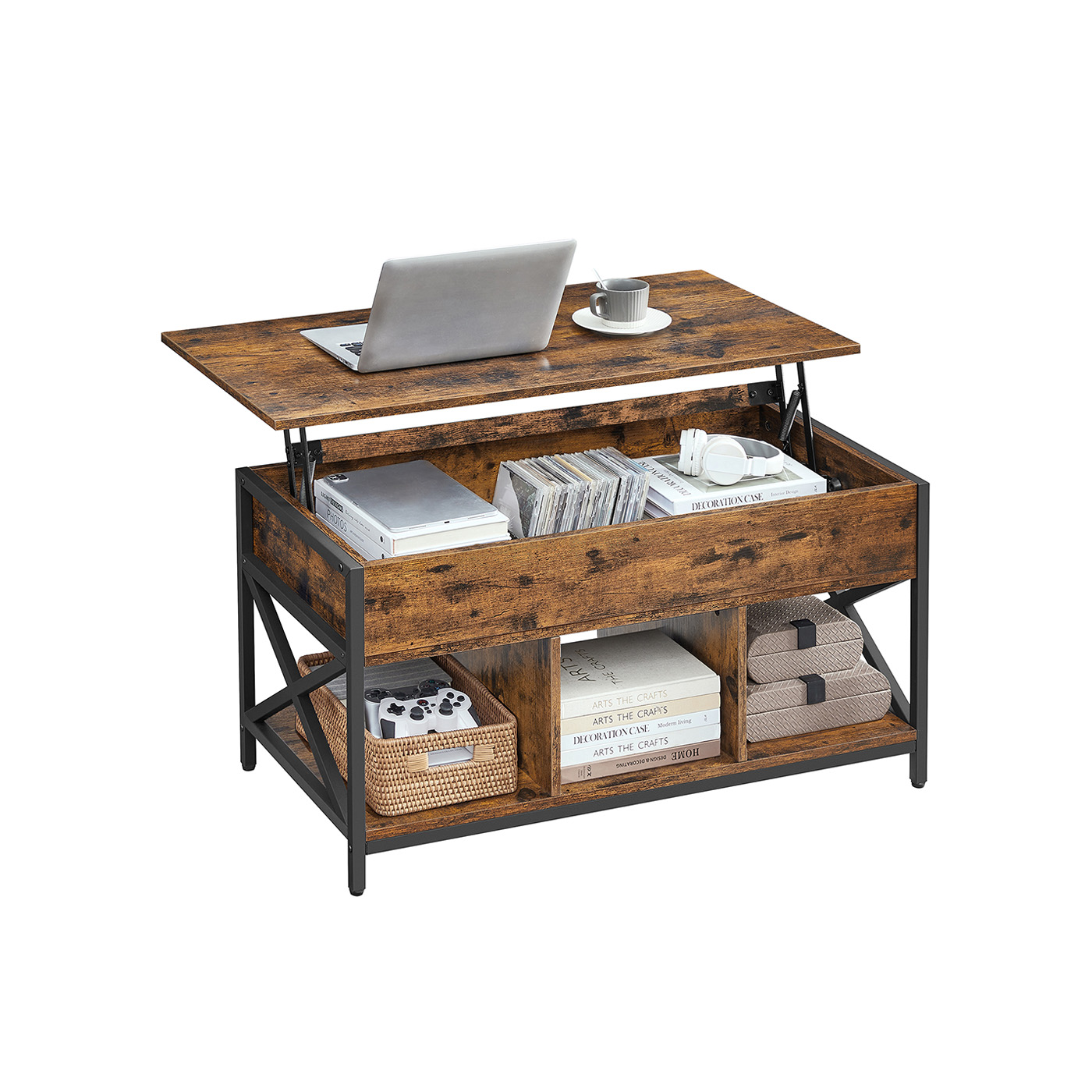 Reguleeritava kõrgusega diivanilaud avatud riiulitega vintagepruun-must