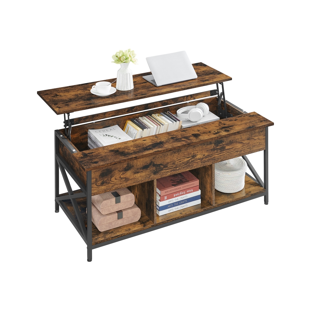 Kõrguses reguleeritava kõrgusega kohvilaud lauaplaadi all oleva panipaigaga, vintage-pruun-must