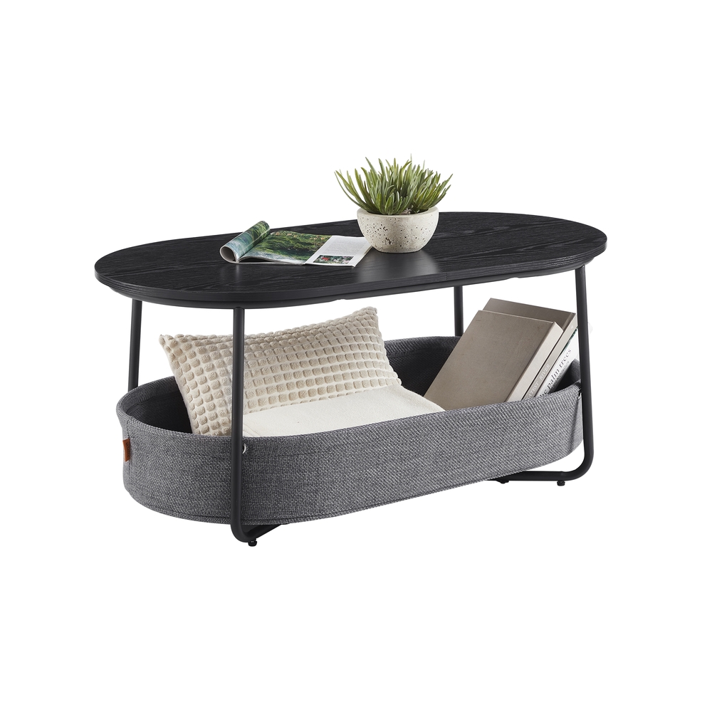 Ovaalne kohvilaud panipaiga ja riidest korviga, tindimust ja kiltkivihall