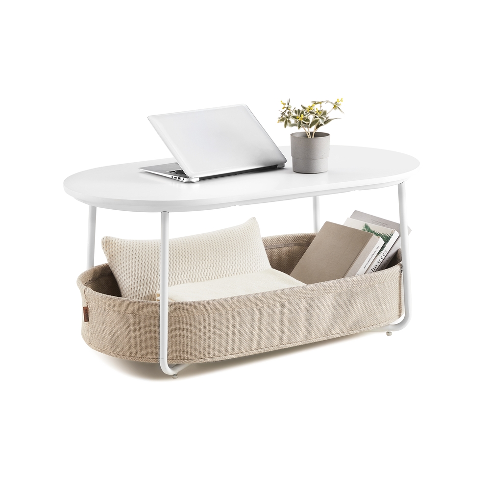 Ovaalne kohvilaud panipaiga ja riidest korviga, mattvalge-kamelipruun