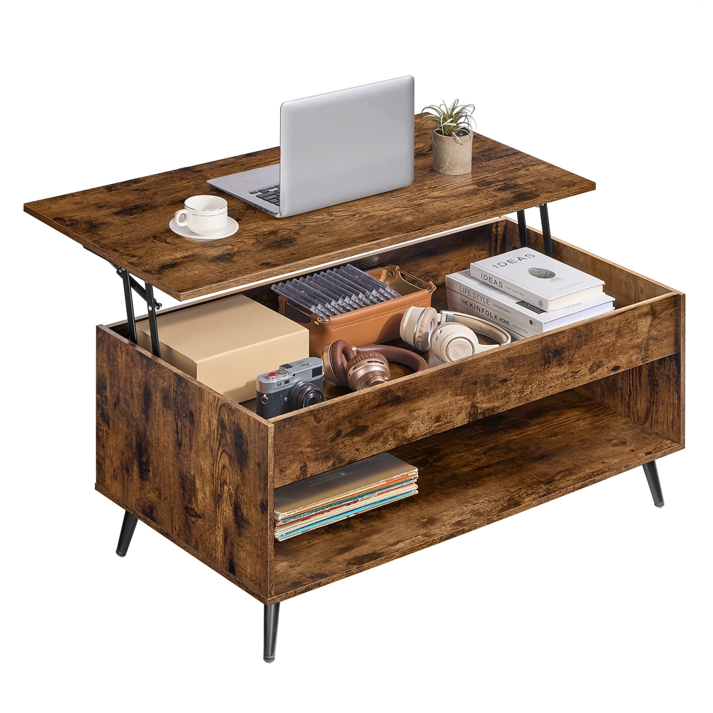 Kohvilaud reguleeritava pealse ja peidetud sahtliga, vintage-pruun-mattmust