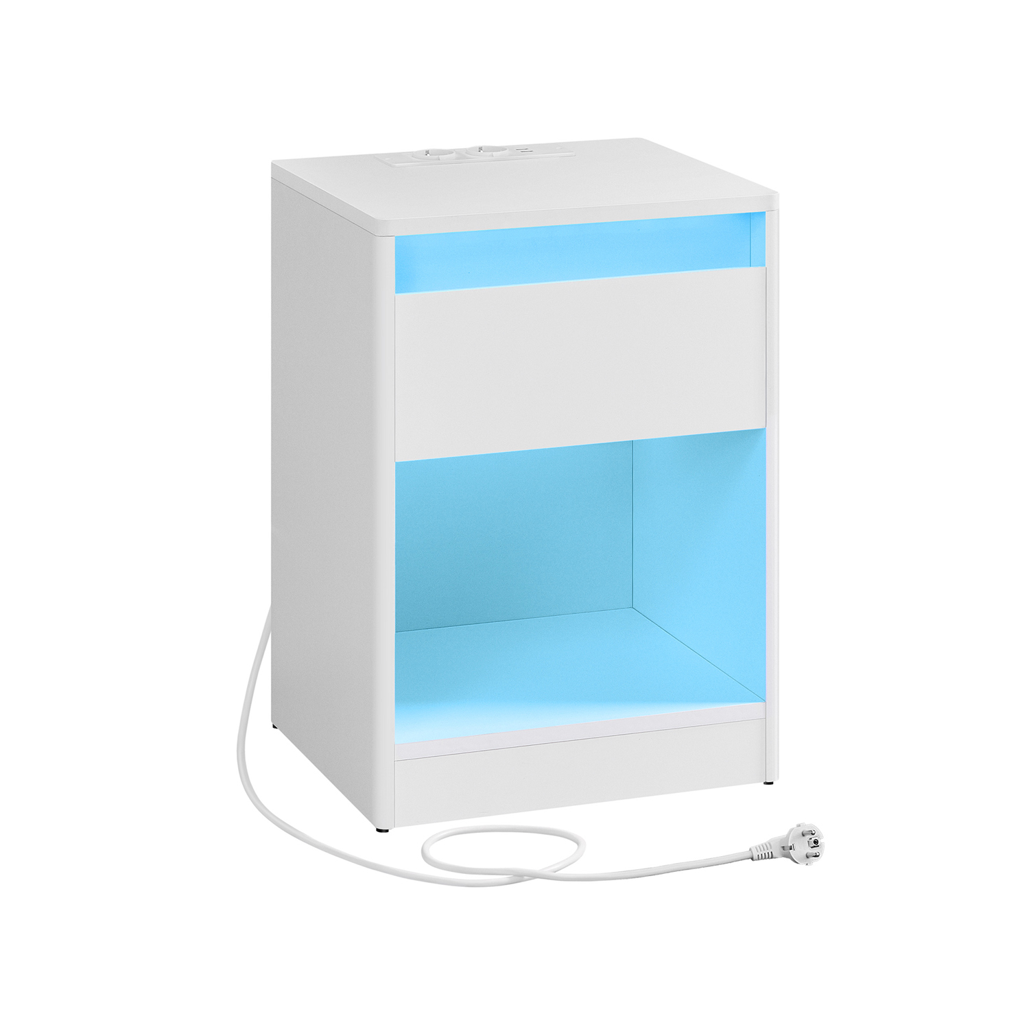 LED-valgustuse ja pistikupesadega öökapp, sahtli ja USB-liidestega modernne abilaud