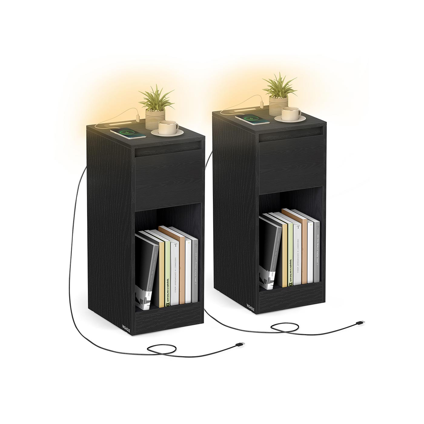 Öökapp LED-valgustuse, USB-portide ja sahtliga