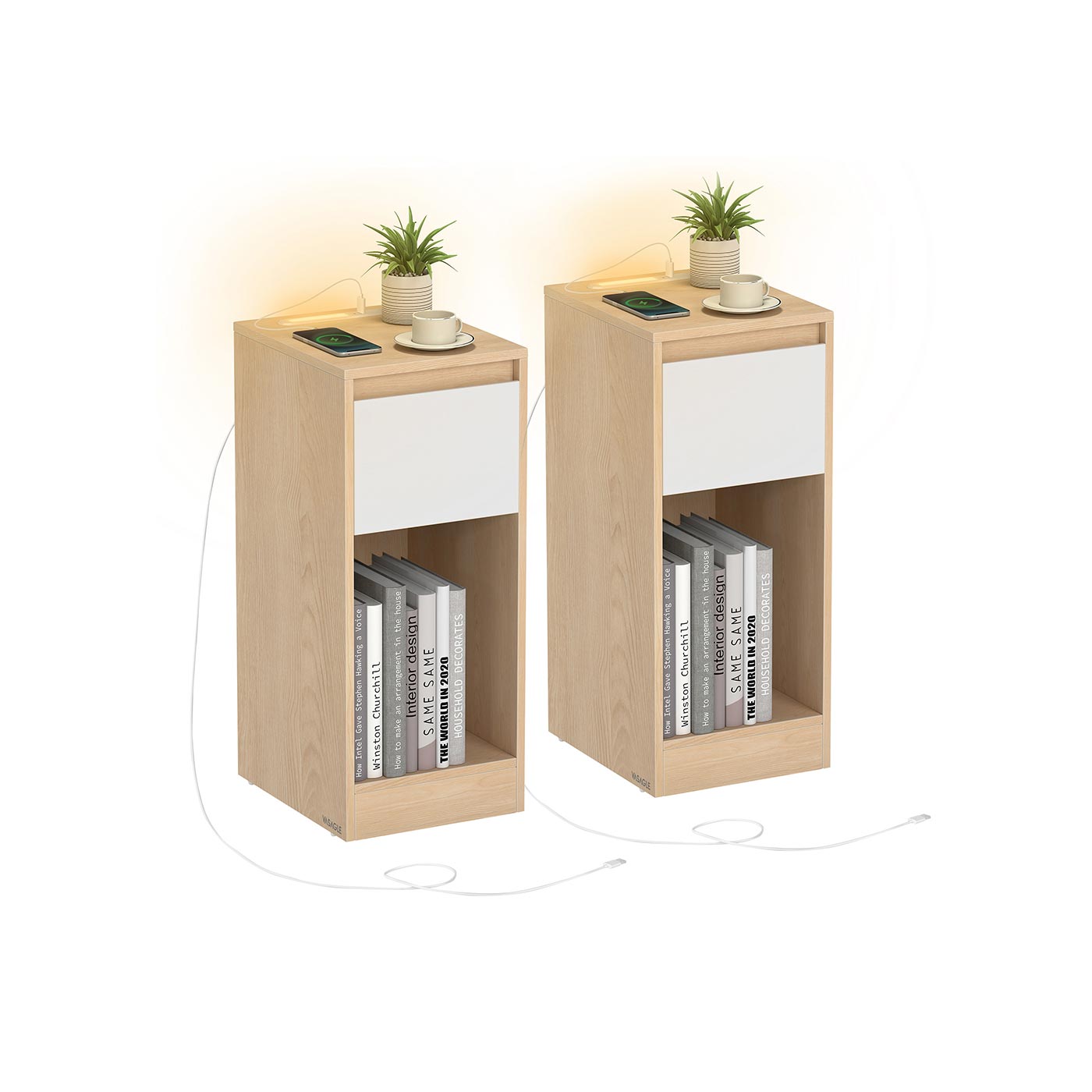 Kitsas LED-valgustusega öökapp, USB-A ja USB-C liidestega abilaud, sahtli ja avatud lahtriga