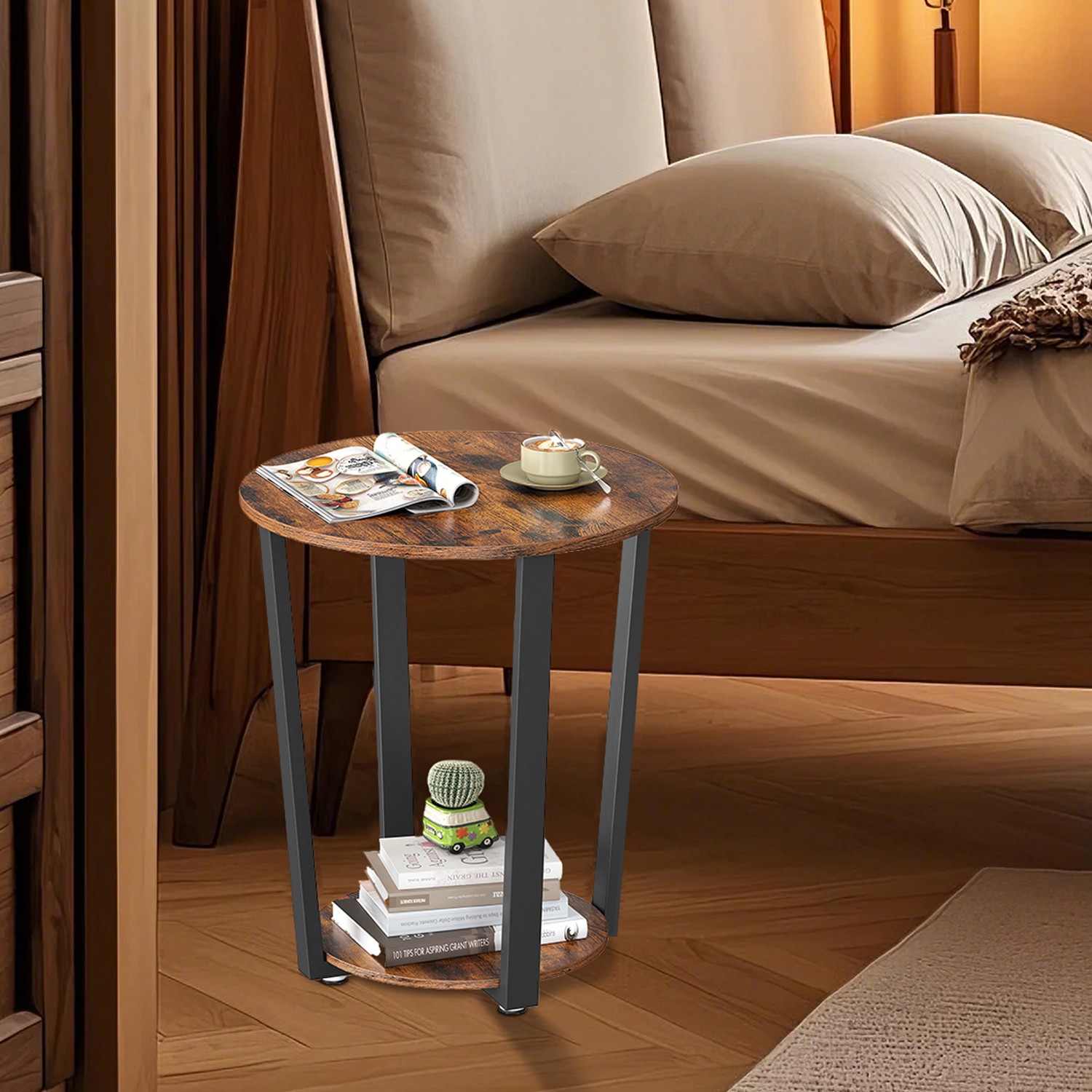 Abilaud elutuppa, väike ümmargune laud, magamistuppa