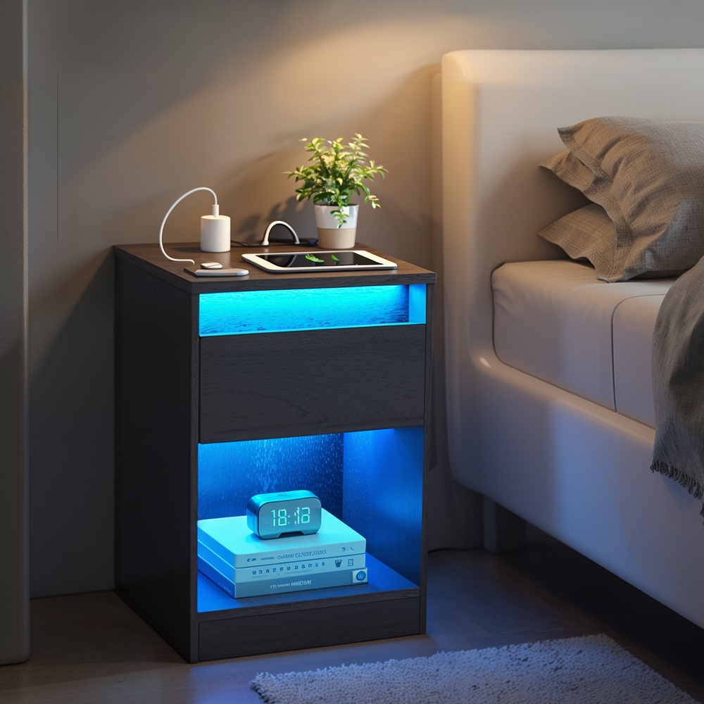 Öökapp reguleeritava LED-valgustusega, sahtliga, 2 pistikupesaga