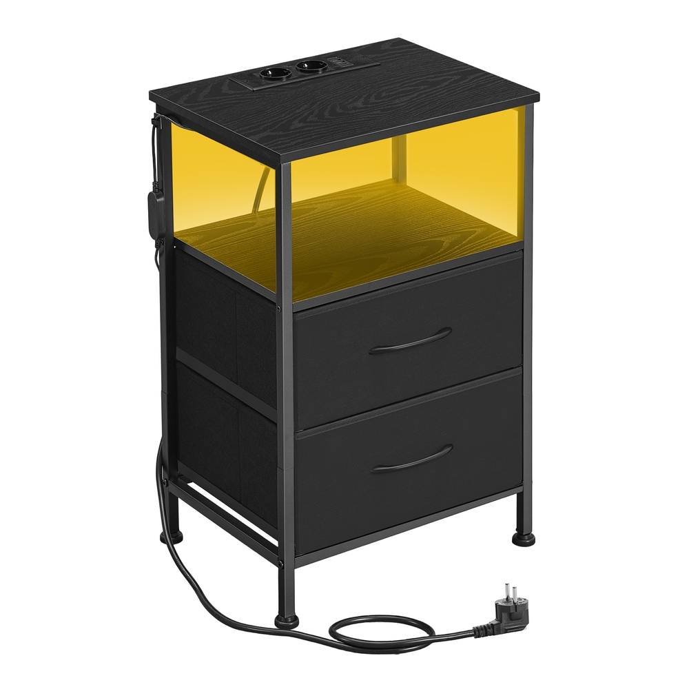 Öökapp LED-valgustuse ja laadimisjaamaga, öökapp kahe sahtli ja avatud sektsiooniga, must